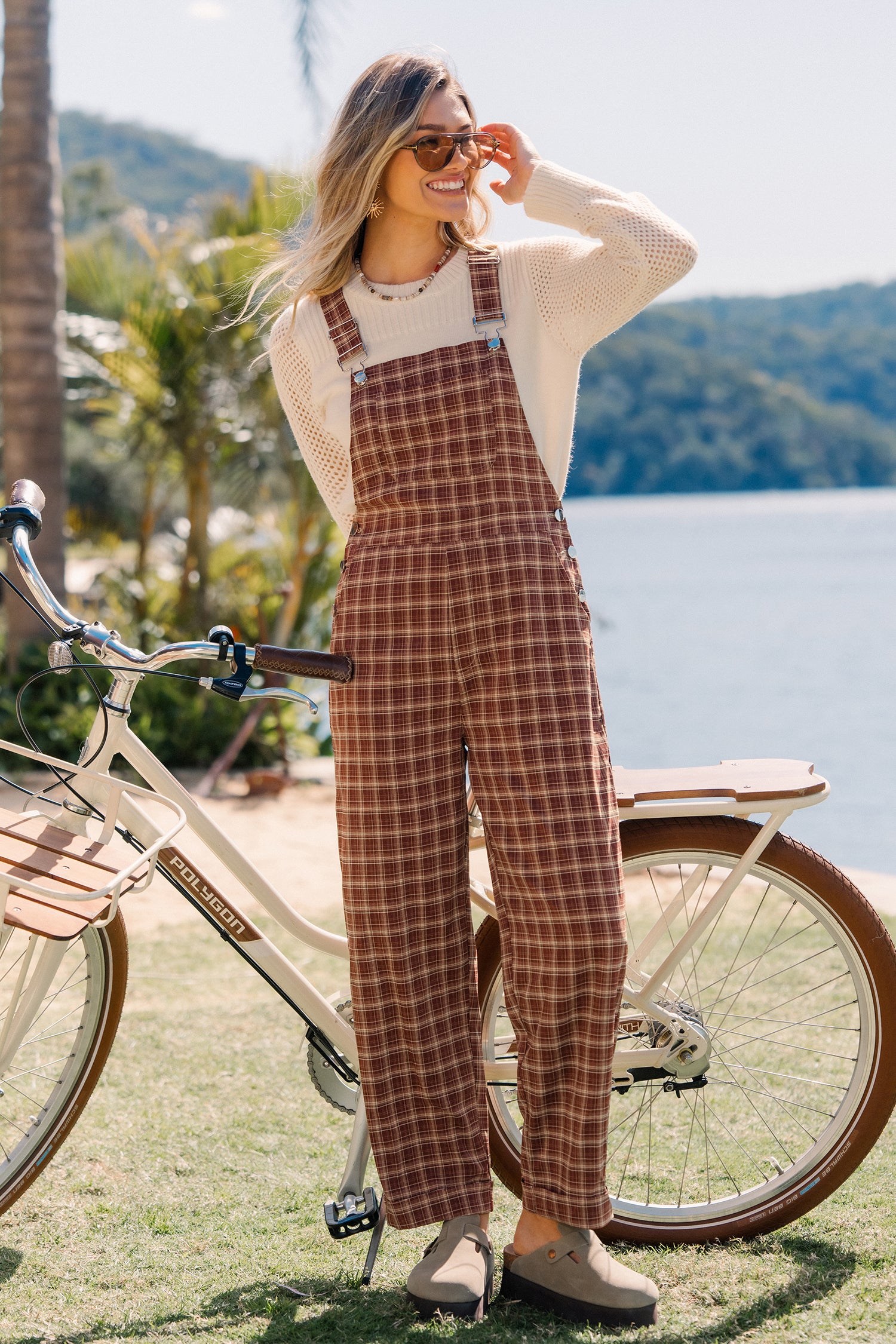 Brauner Karierter Quadratischer Ausschnitt Jumpsuit