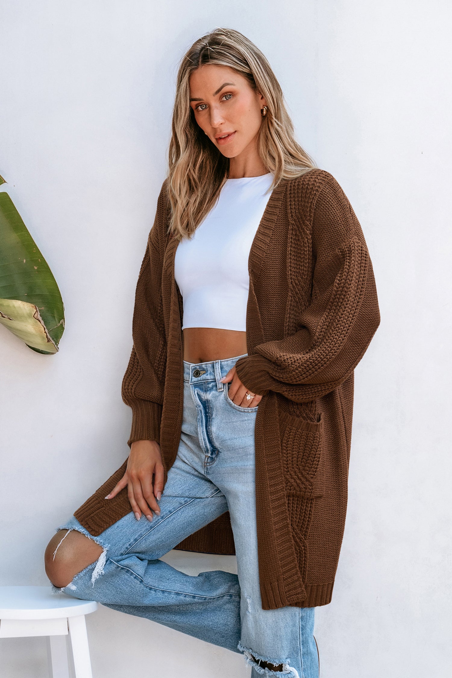 Braune Lange Strickjacke
