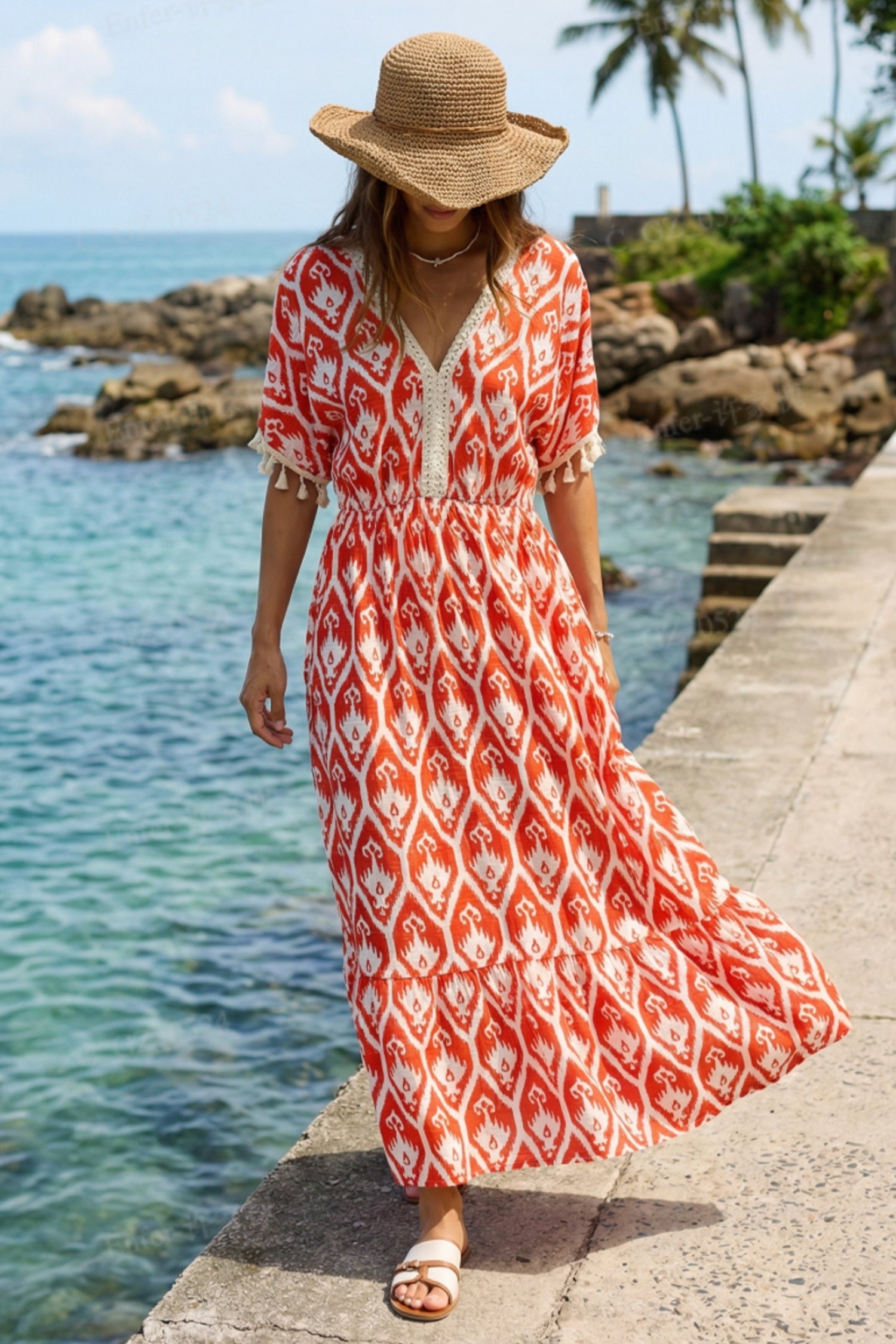Rotes Verziertes Kurzarm Maxikleid