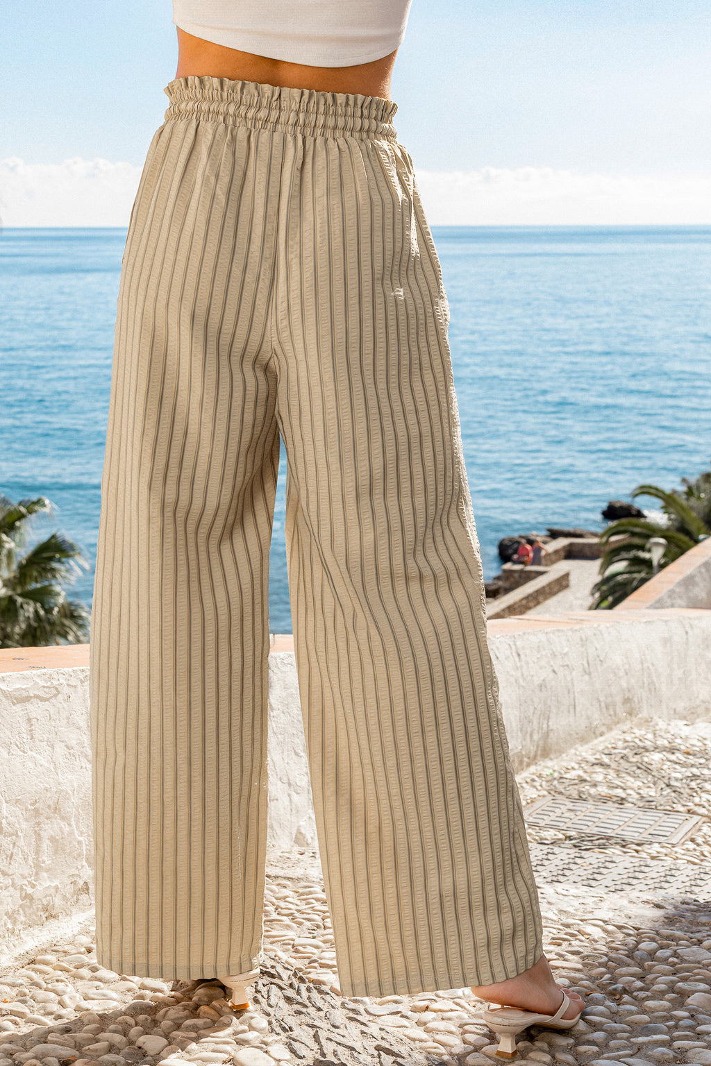 Beige Elastischer Bund Stoffhose