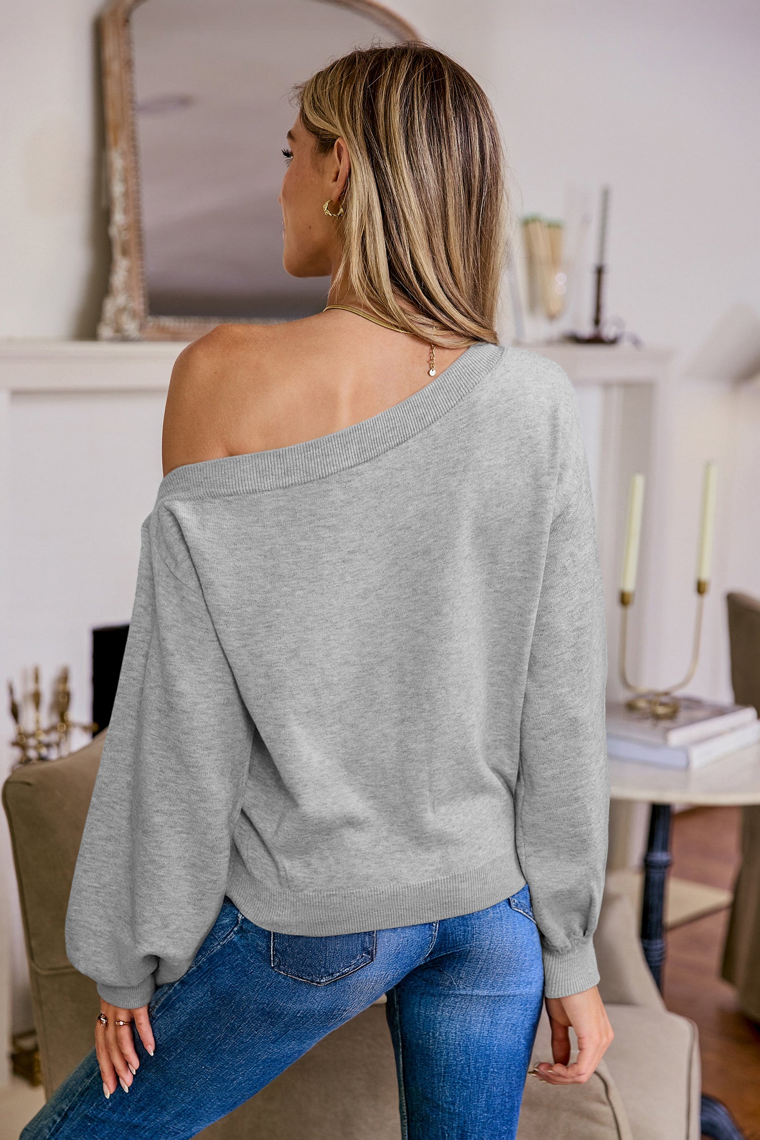 Grauer Lange Ärmel Asymmetrischer Ausschnitt Pullover