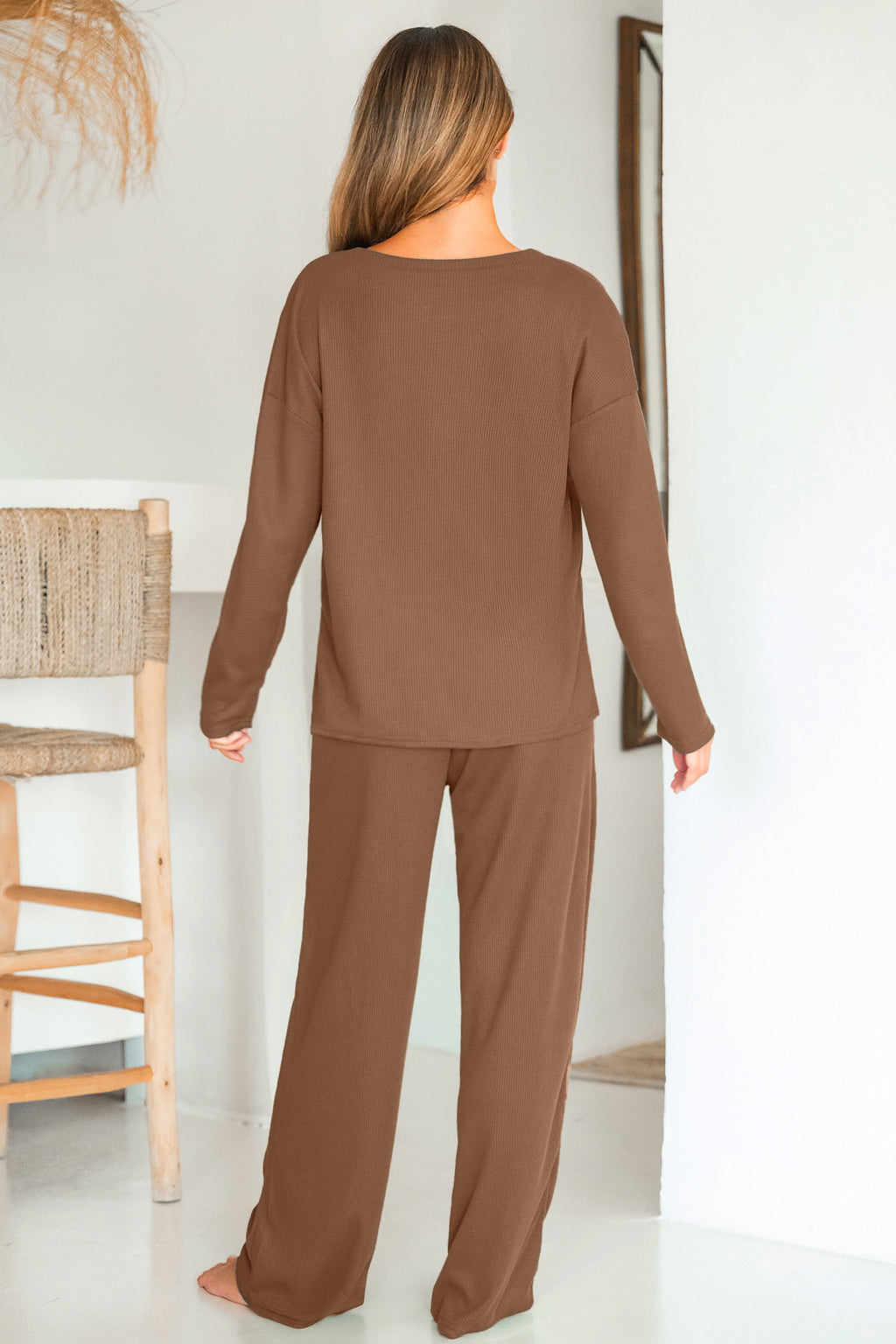Braunes Rundhals Langarm Pyjama-Set