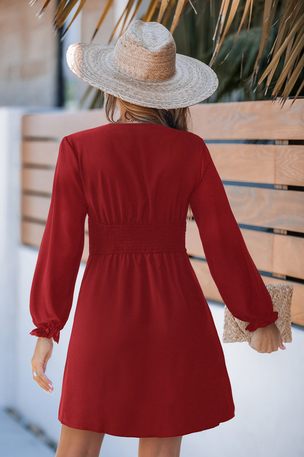 Rotes V-Ausschnitt Lange Ärmel Minikleid