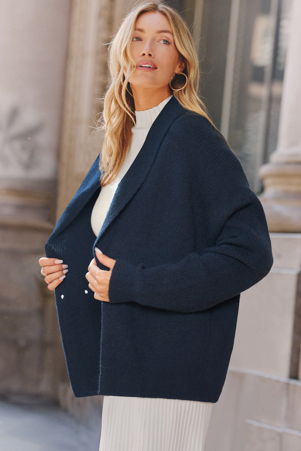 Blaue V-Ausschnitt Doppelte Knopfreihe Strickjacke