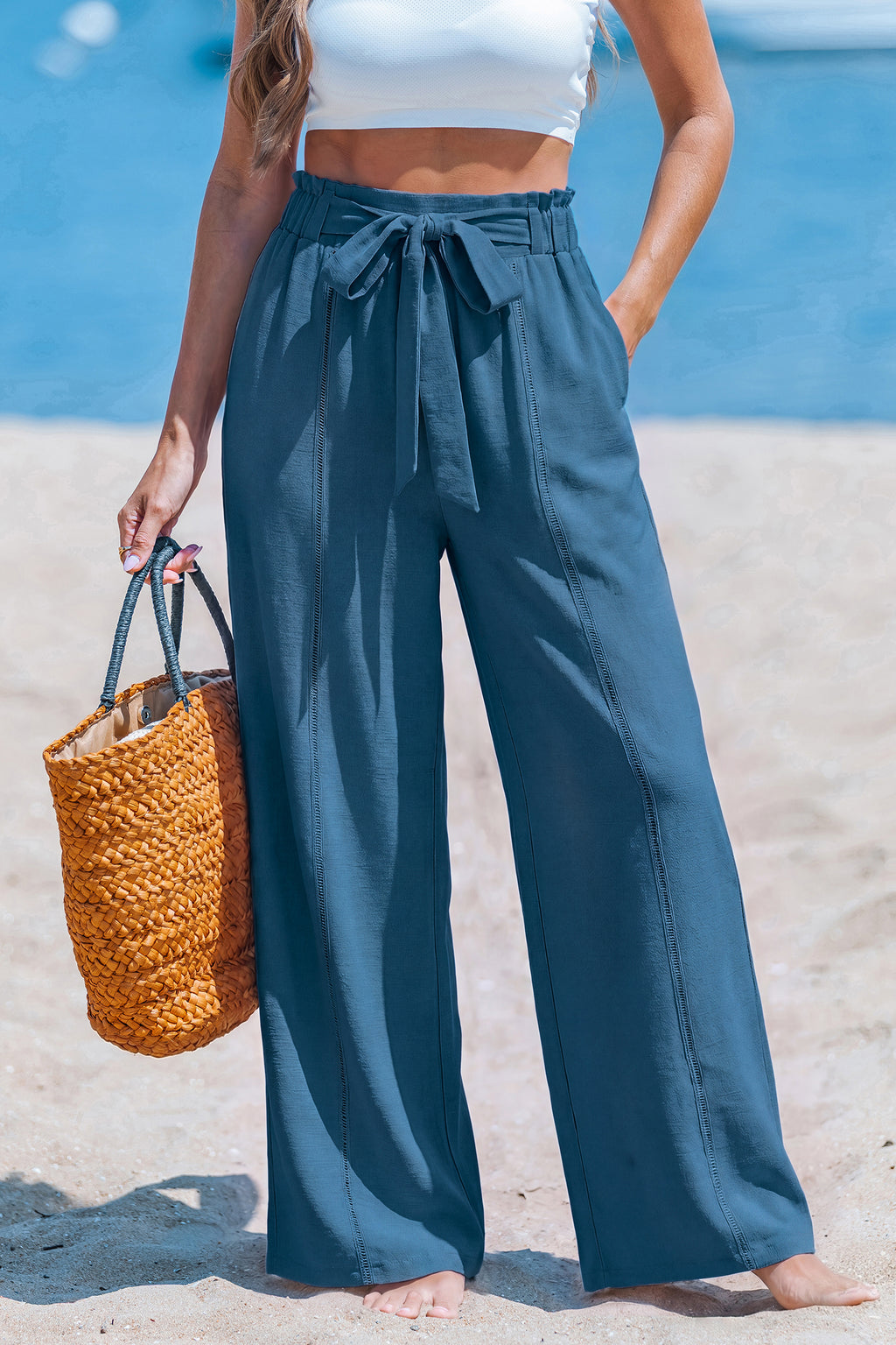 Blaue Wide-Leg-Sommerhose mit Taillenband