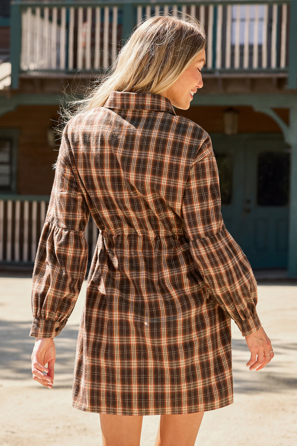 Kariertes Lange Ärmel Minikleid