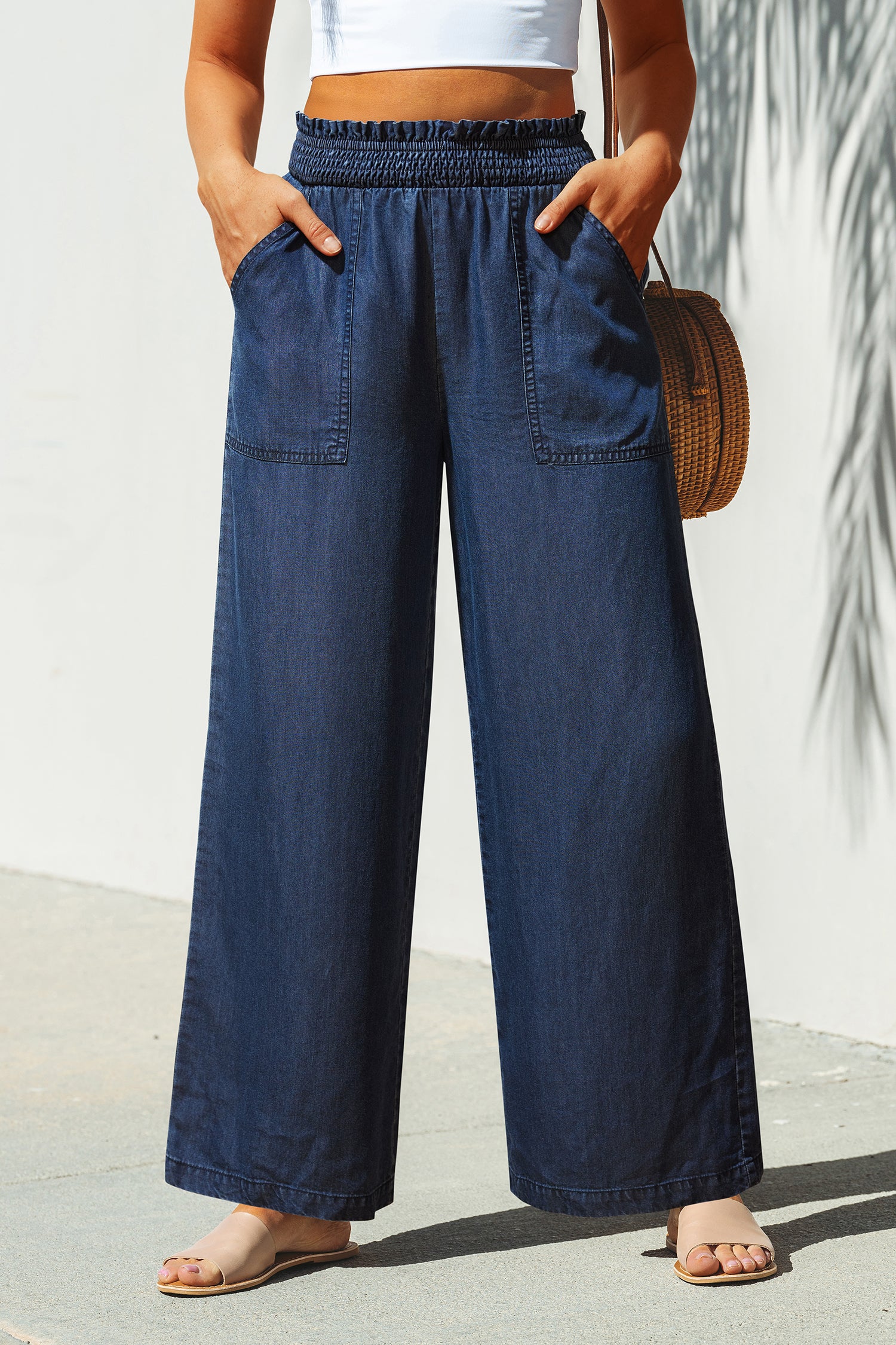Blaue Gesmokter Bund Gerades Bein Hose mit Tasche
