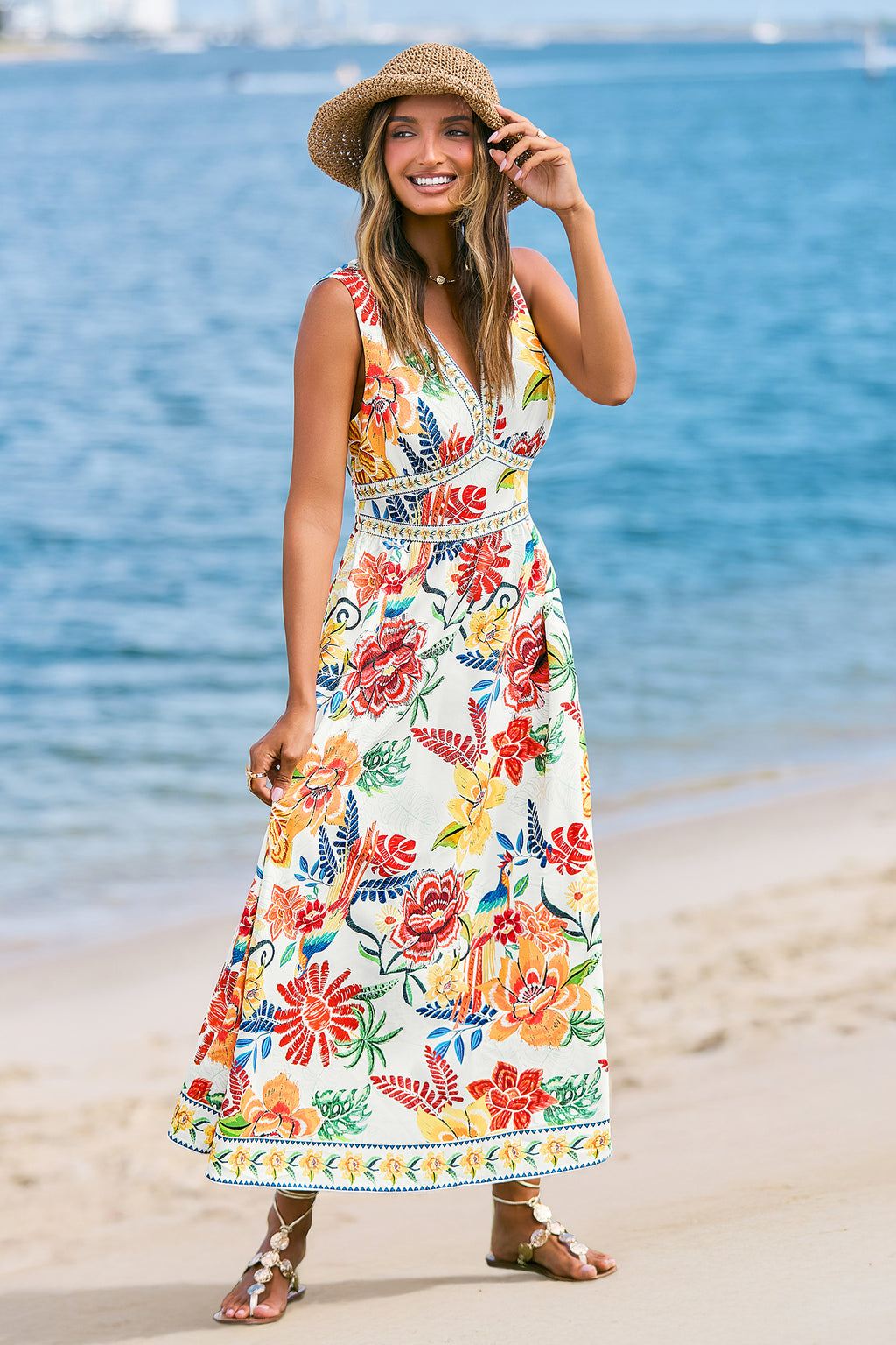 Tropisches Tiefer Ausschnitt Maxi-Strandkleid