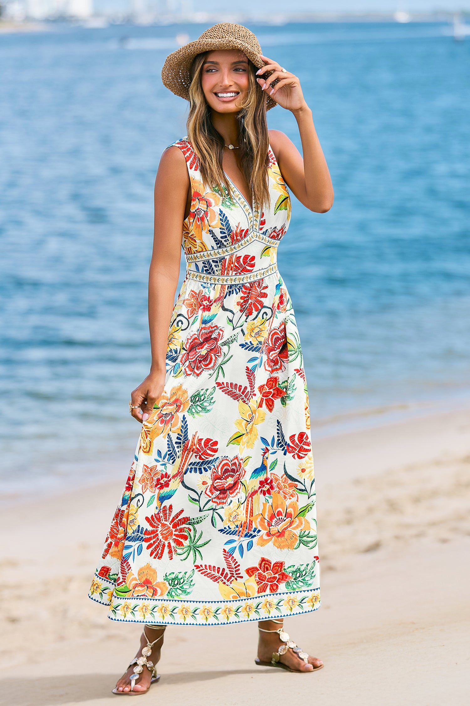 Tropisches Tiefer Ausschnitt Maxi-Strandkleid