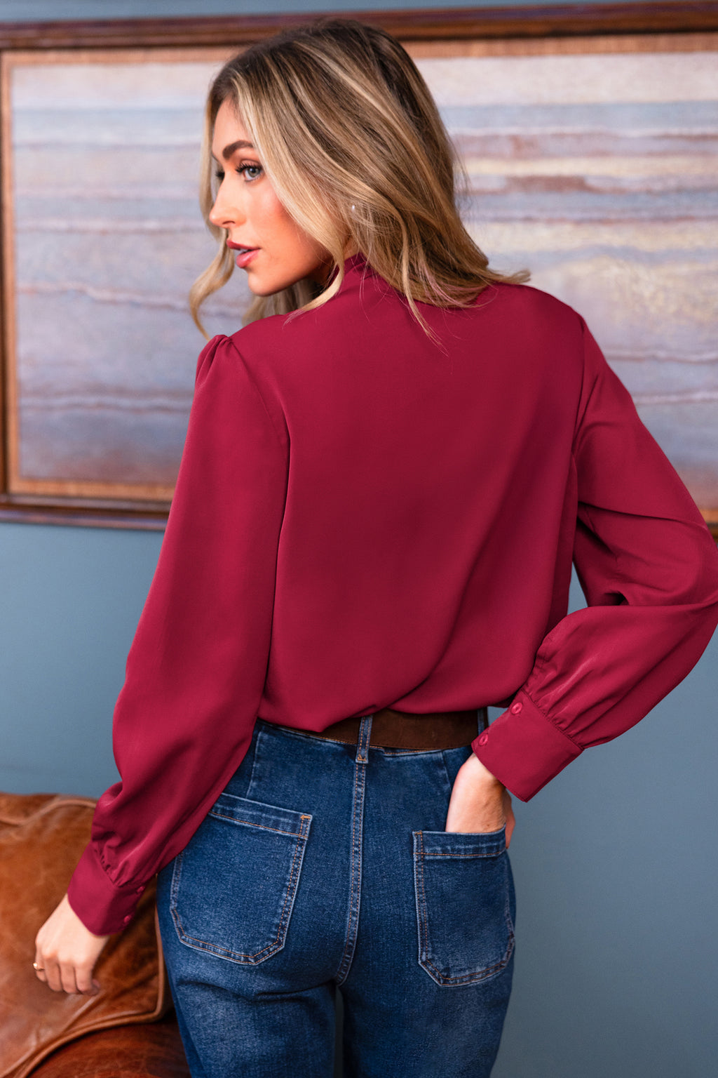 Rote Hoher Ausschnitt Bluse mit Schleifendetail