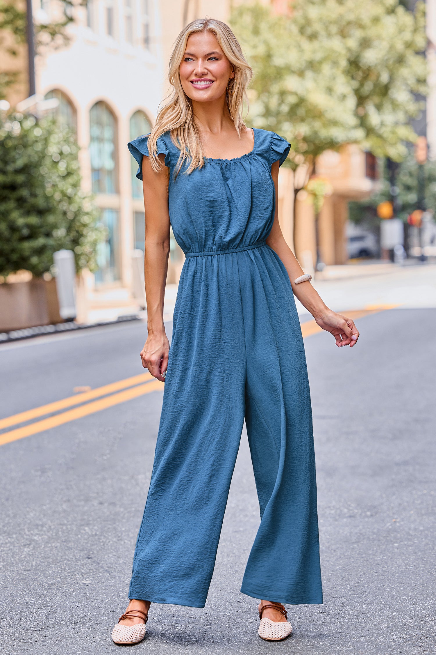 Blauer Gerader Ausschnitt Jumpsuit