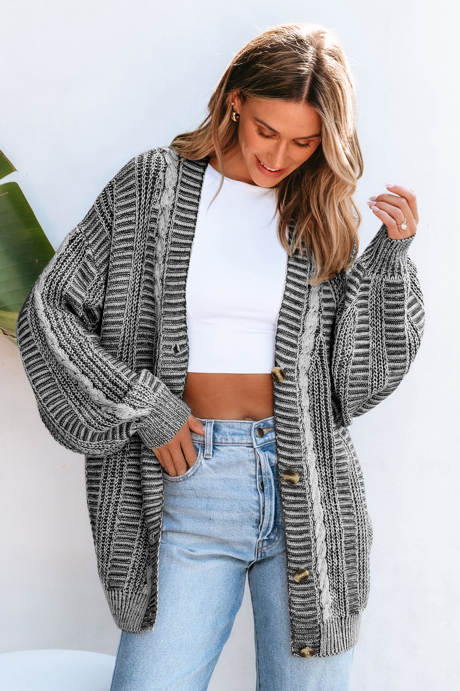 Zopfmuster V-Ausschnitt Strickjacke