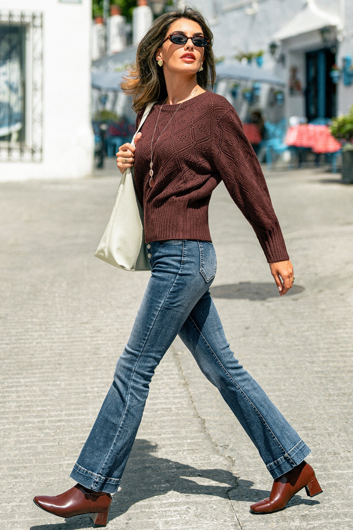 Brauner Rundhals Lange Ärmel Pullover