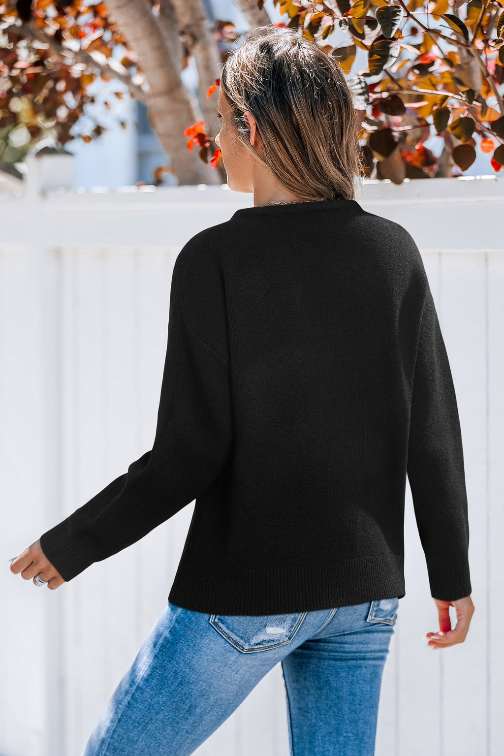 Schwarzer Gekerbter Ausschnitt Pullover mit Bindedetail