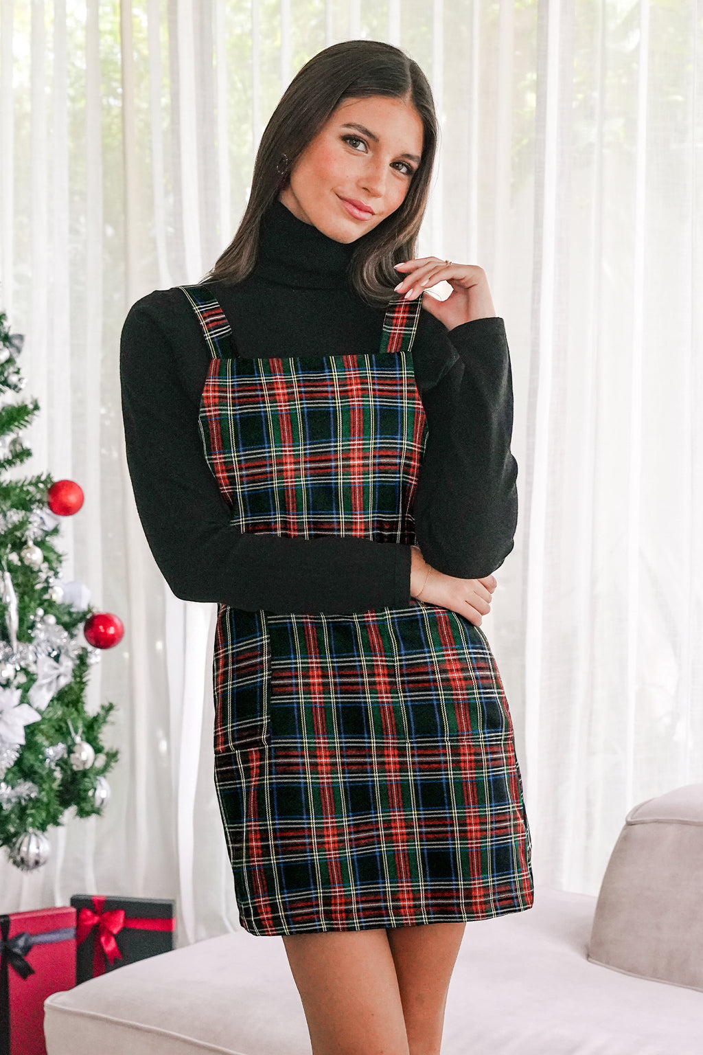 Rotes Kariertes Quadratischer Ausschnitt Mini-Latzkleid