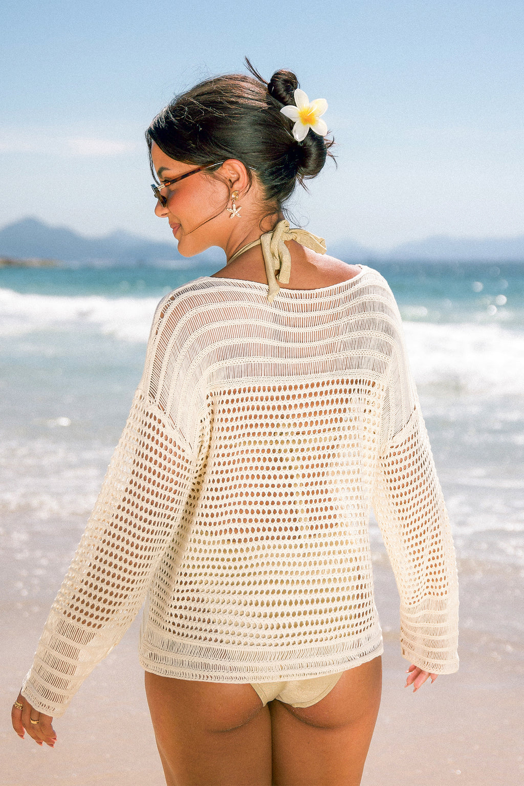 Beiges Langarm Rundhals Strick-Strand-Top