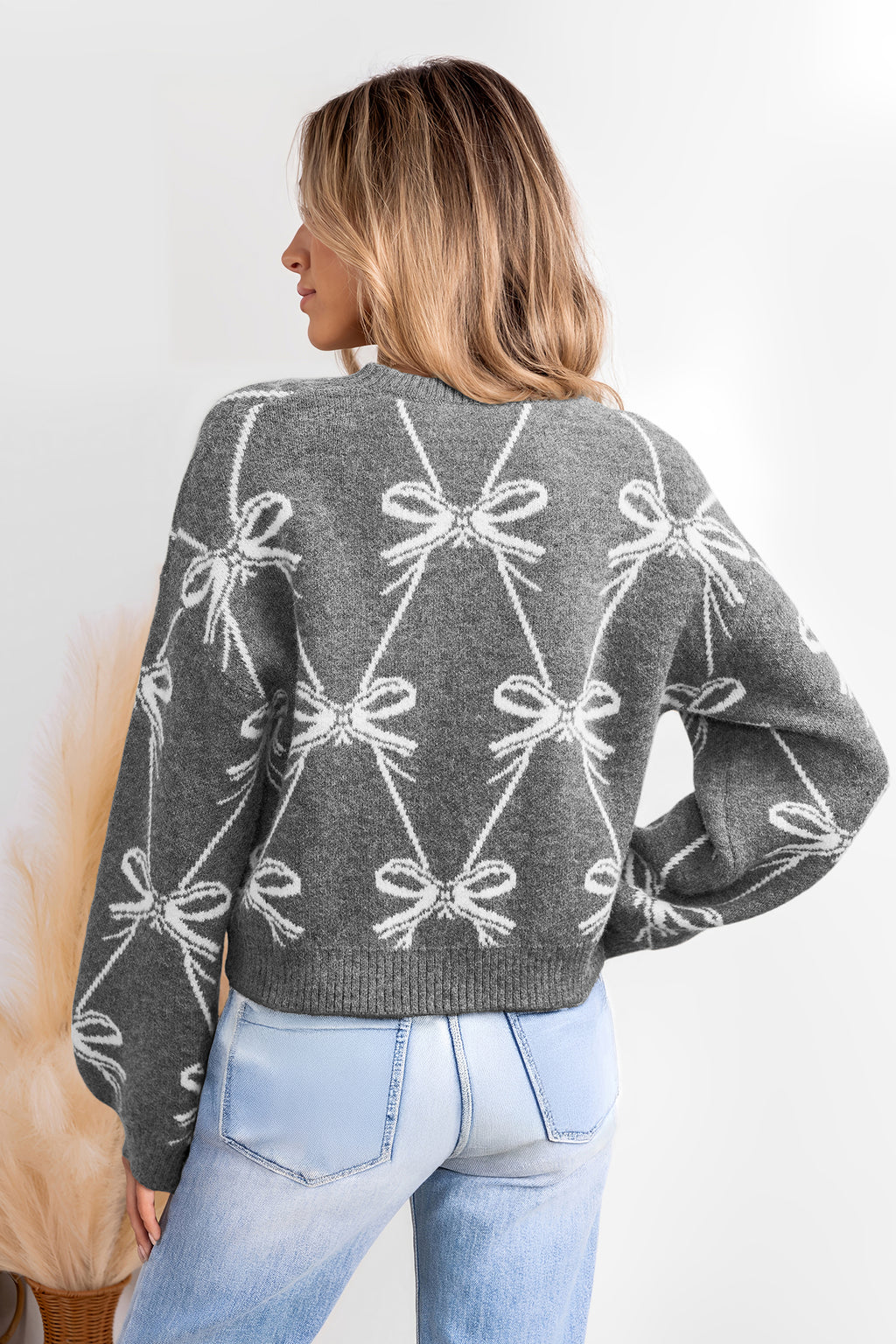 Grauer Lange Ärmel Pullover im Schleifendesign