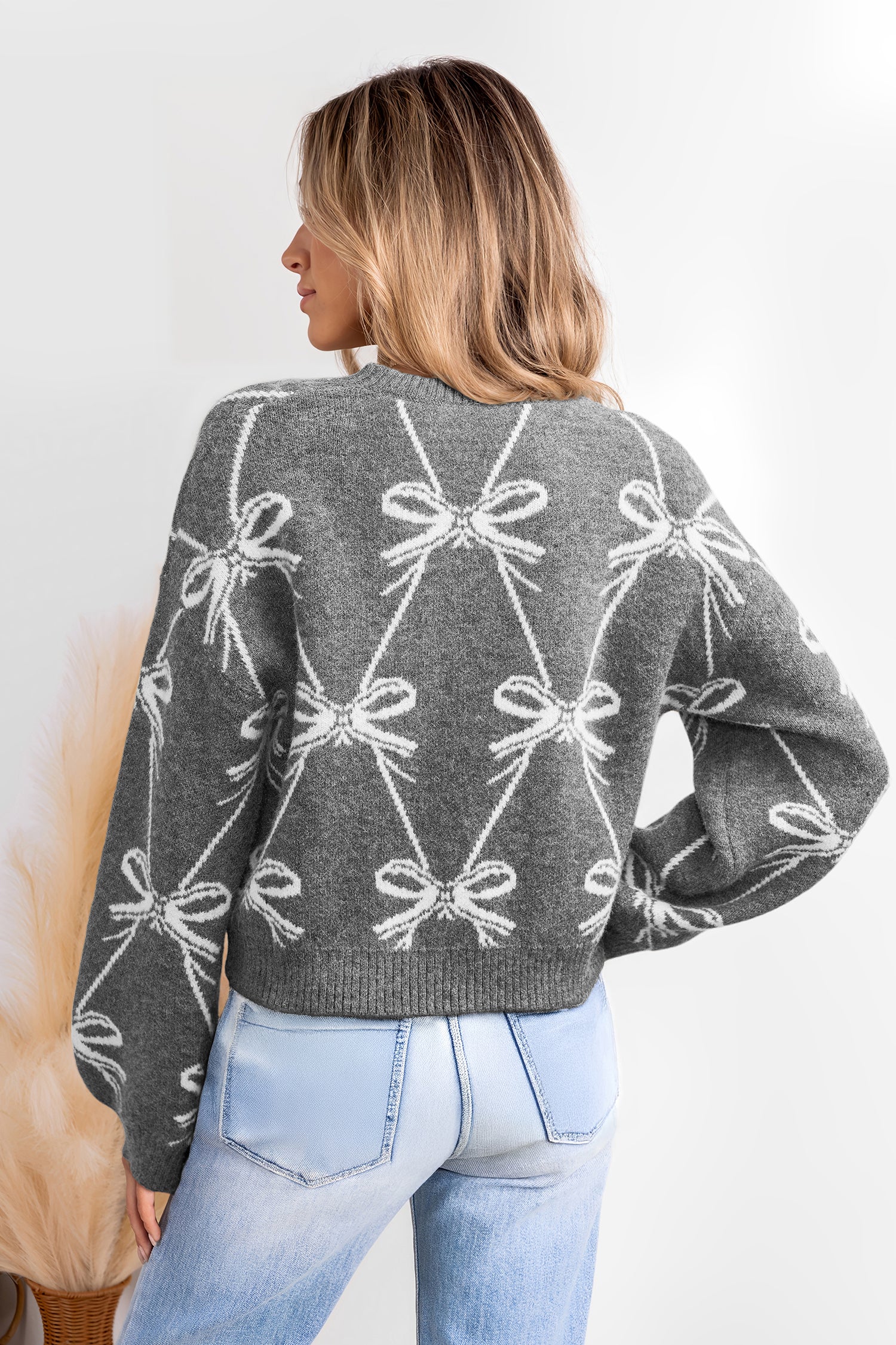 Grauer Lange Ärmel Pullover im Schleifendesign