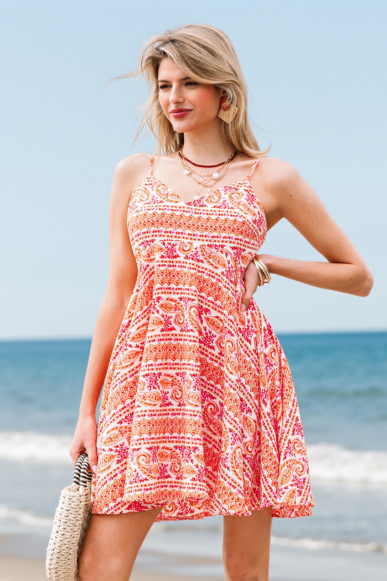 Boho Ärmelloses Minikleid mit Reißverschluss hinten