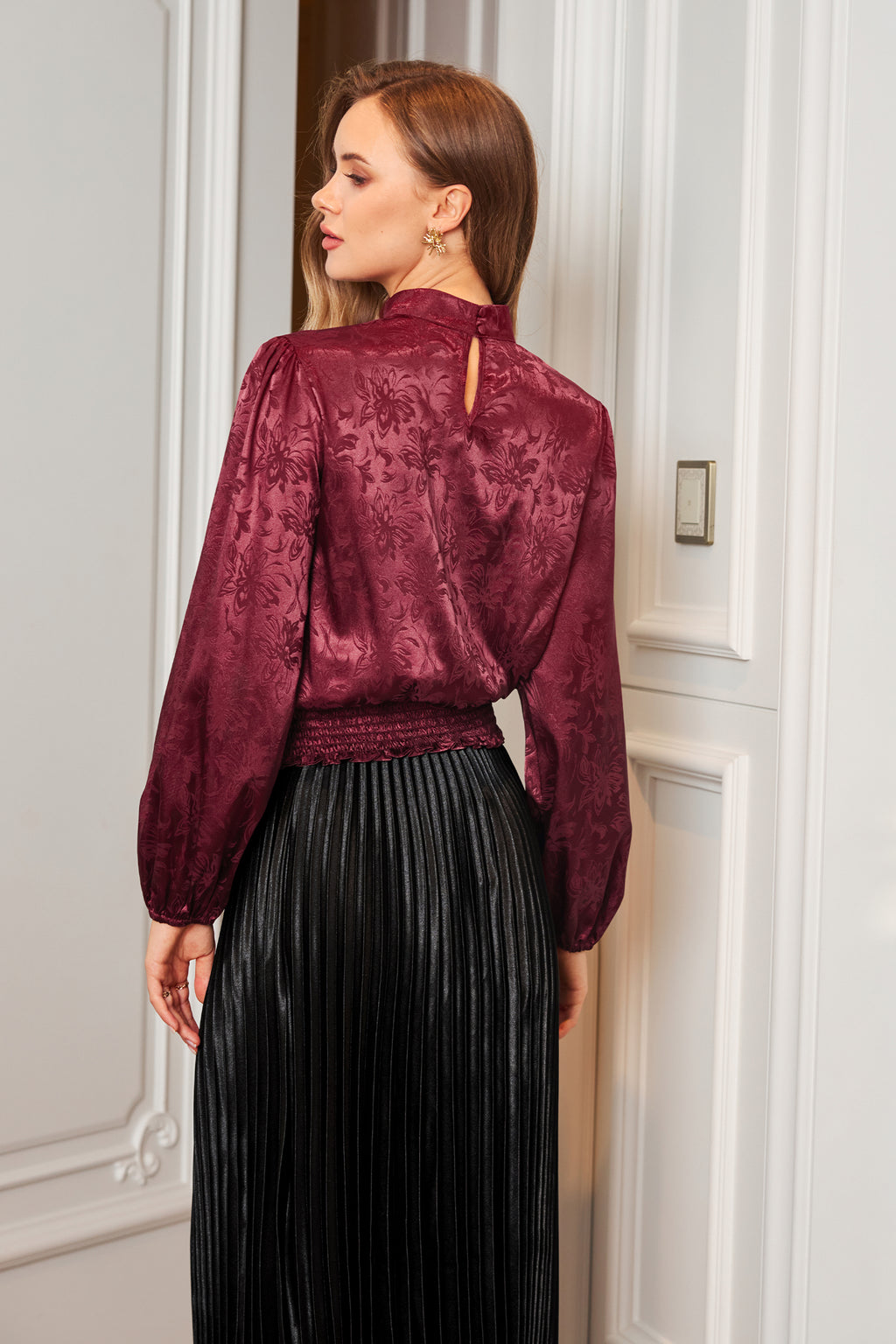 Burgunderrotes Gesmoktes Hoher Ausschnitt Satin-Top