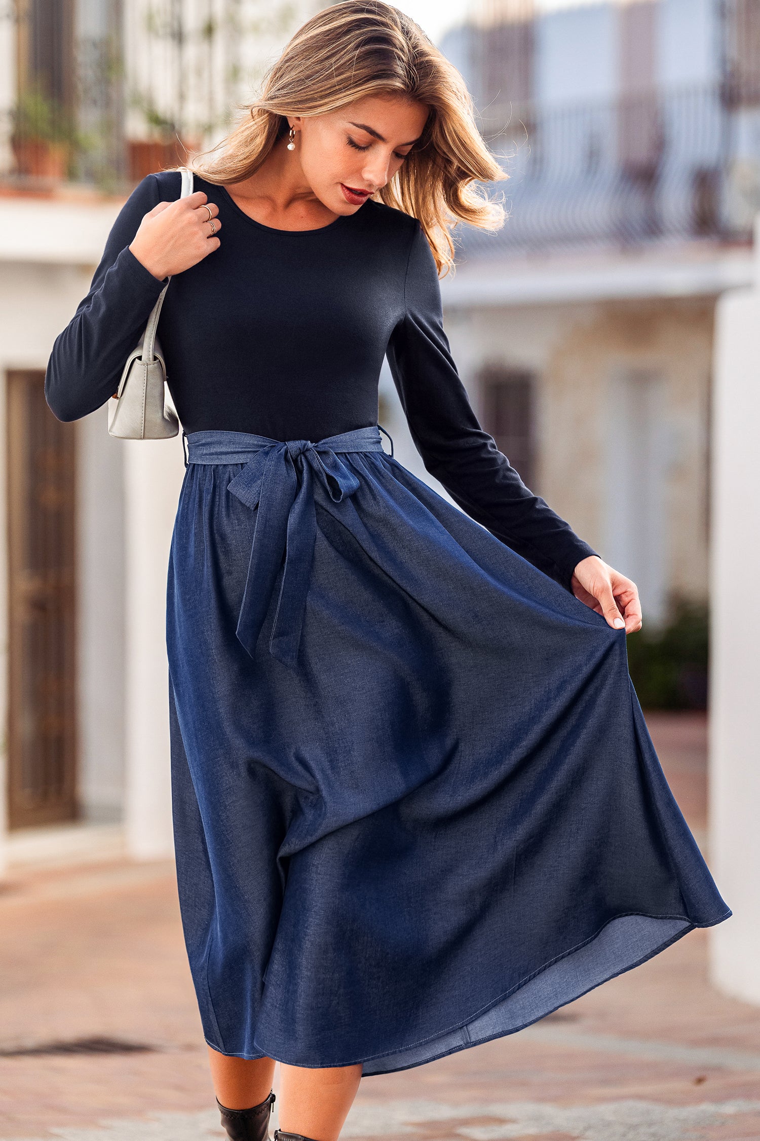 Schwarz-Marineblaues Lange Ärmel Midikleid mit Taillenbindung