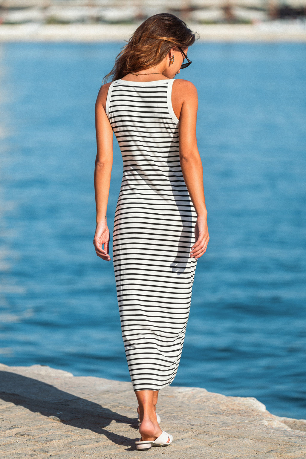Gestreiftes Ärmelloses Rundhals Maxikleid