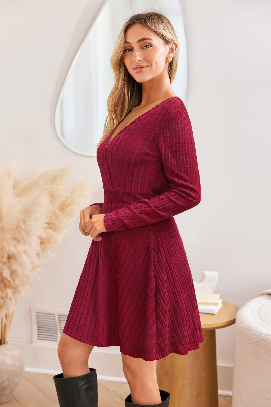 Rotes Lange Ärmel Minikleid