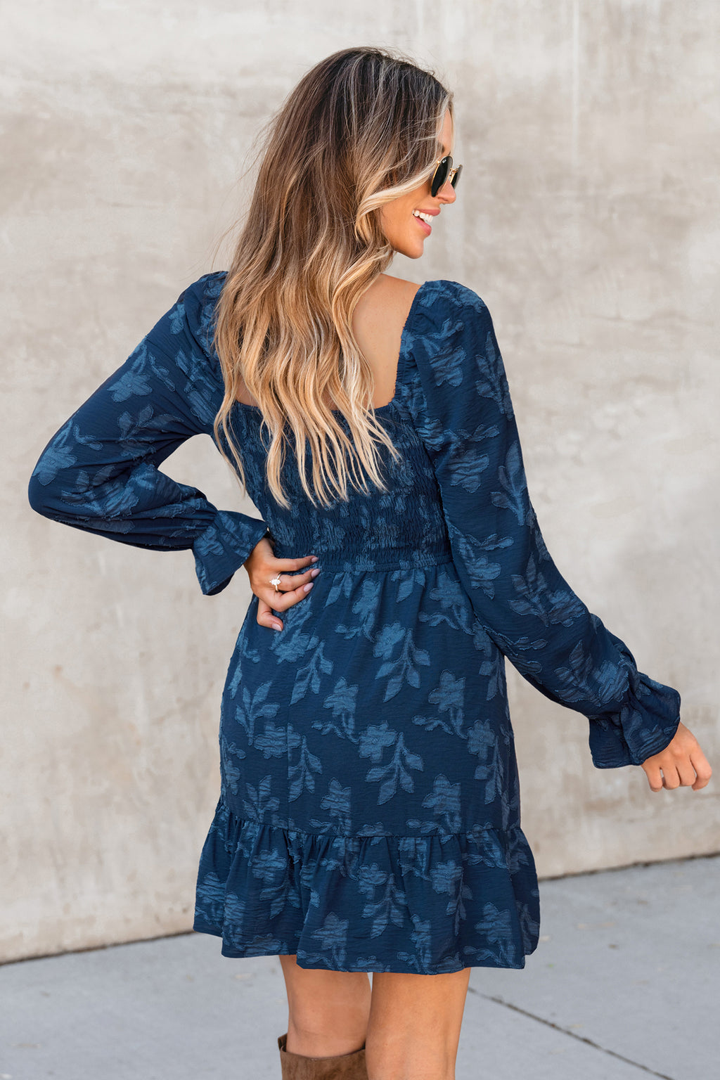 Blaues Geblümtes Quadratischer Ausschnitt Minikleid