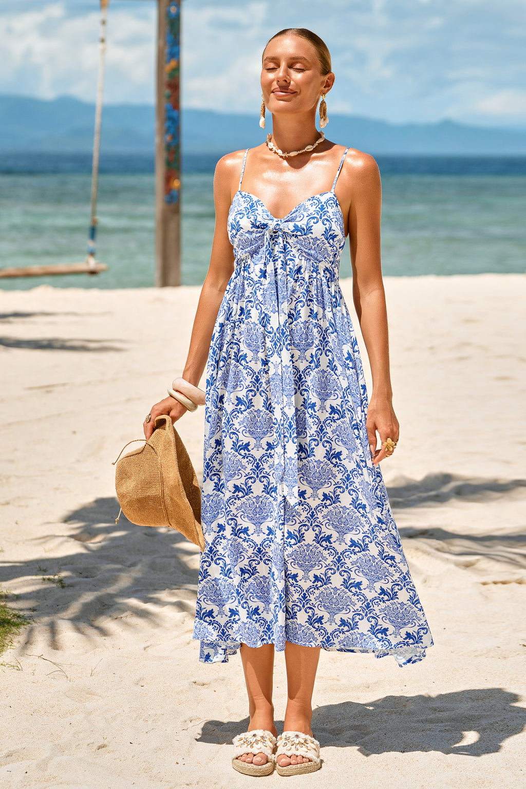 Blaues Boho Midi-Strandkleid