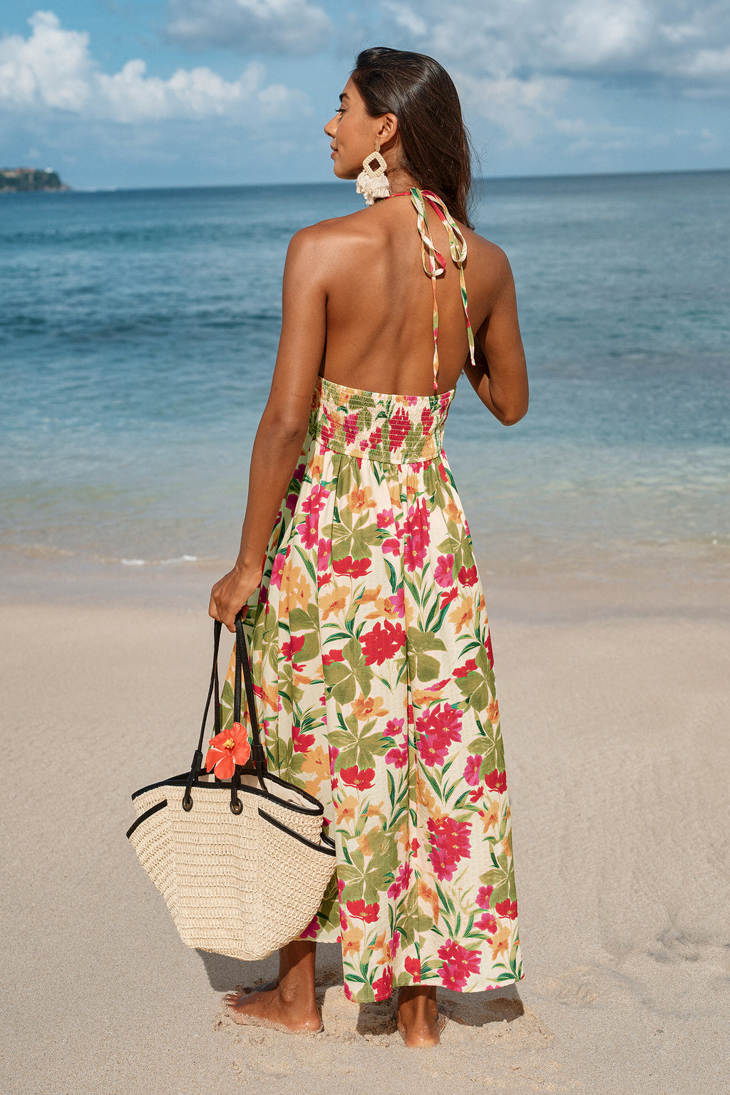 Tropisches Maxi-Strandkleid mit V-Ausschnitt
