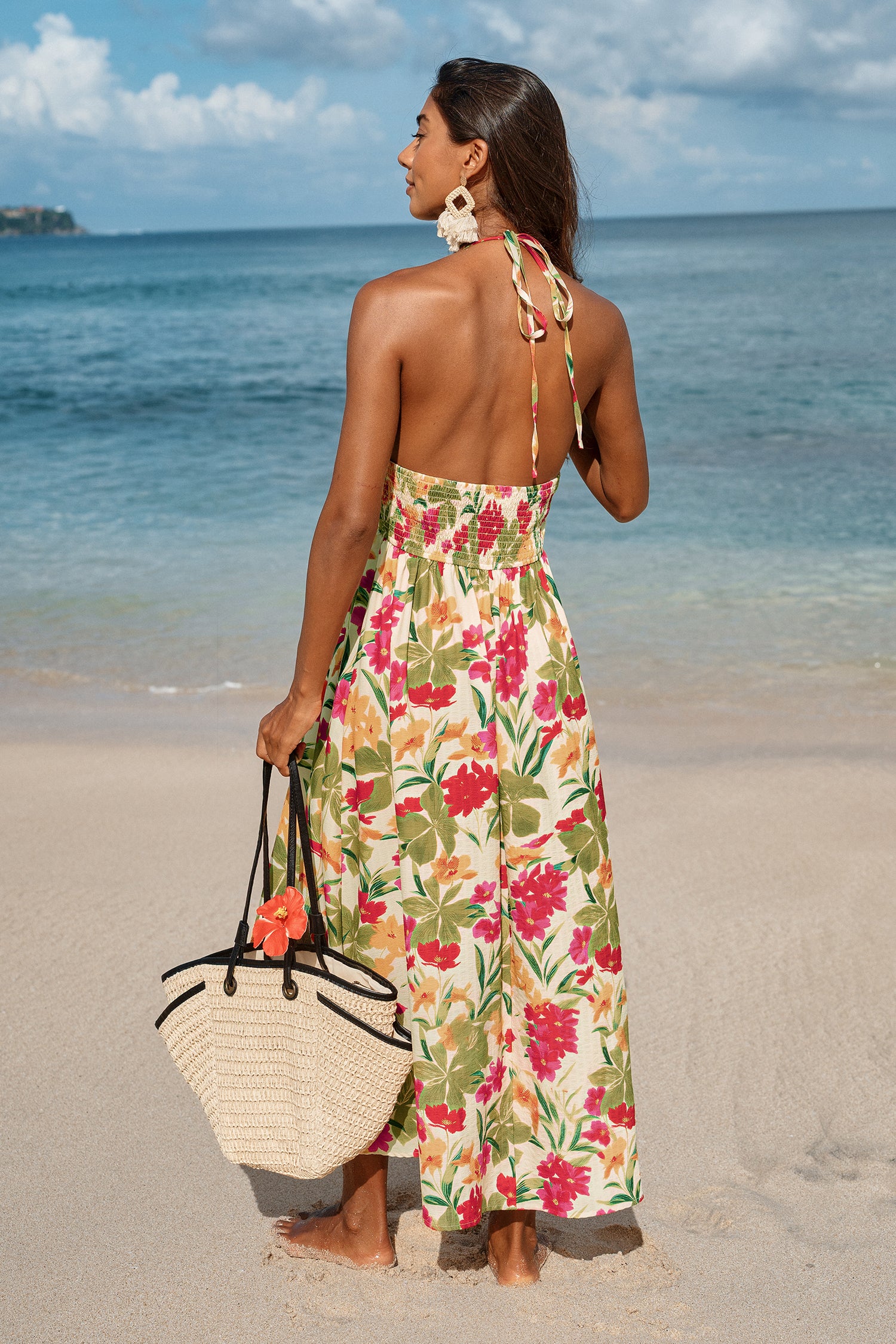 Tropisches Maxi-Strandkleid mit V-Ausschnitt