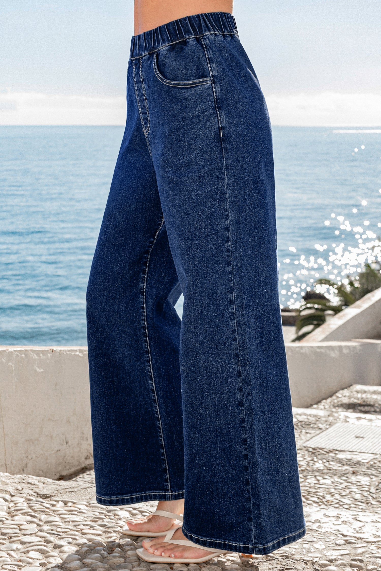 Blaue Elastischer Bund Wide-Leg-Jeans