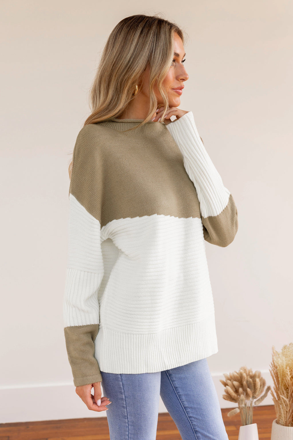 Rib Farbblock Pullover mit Stehkragen
