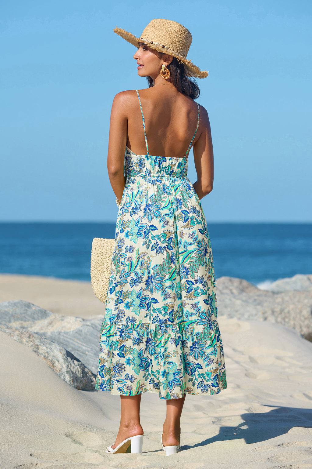 Ärmelloses Geblümtes Tiefer Ausschnitt Mini-Strandkleid