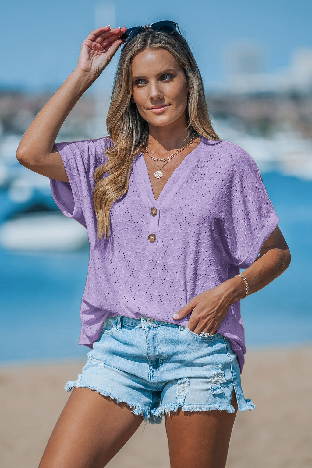 Lila V-Ausschnitt Kurzarm Top