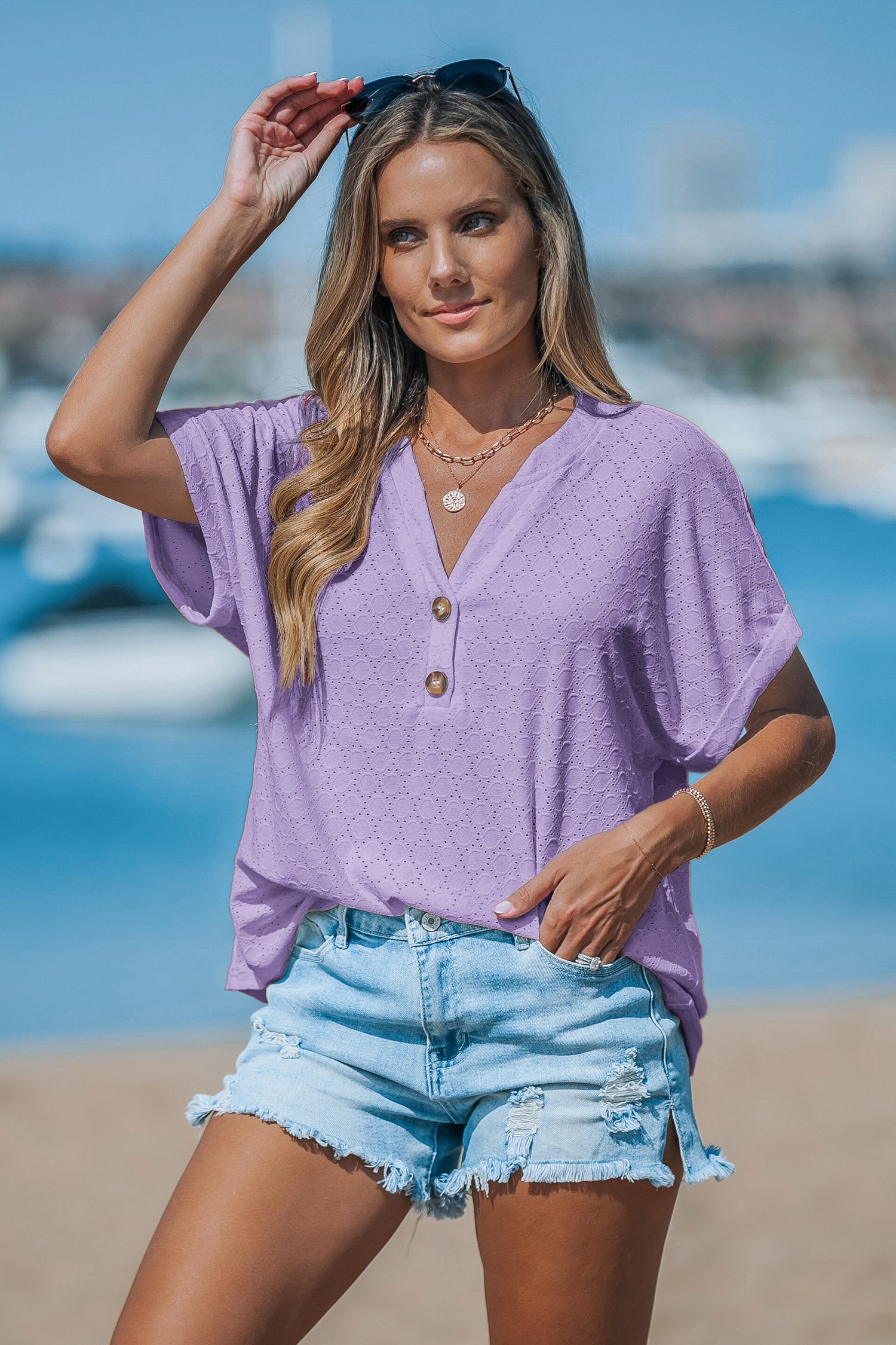 Lila V-Ausschnitt Kurzarm Top