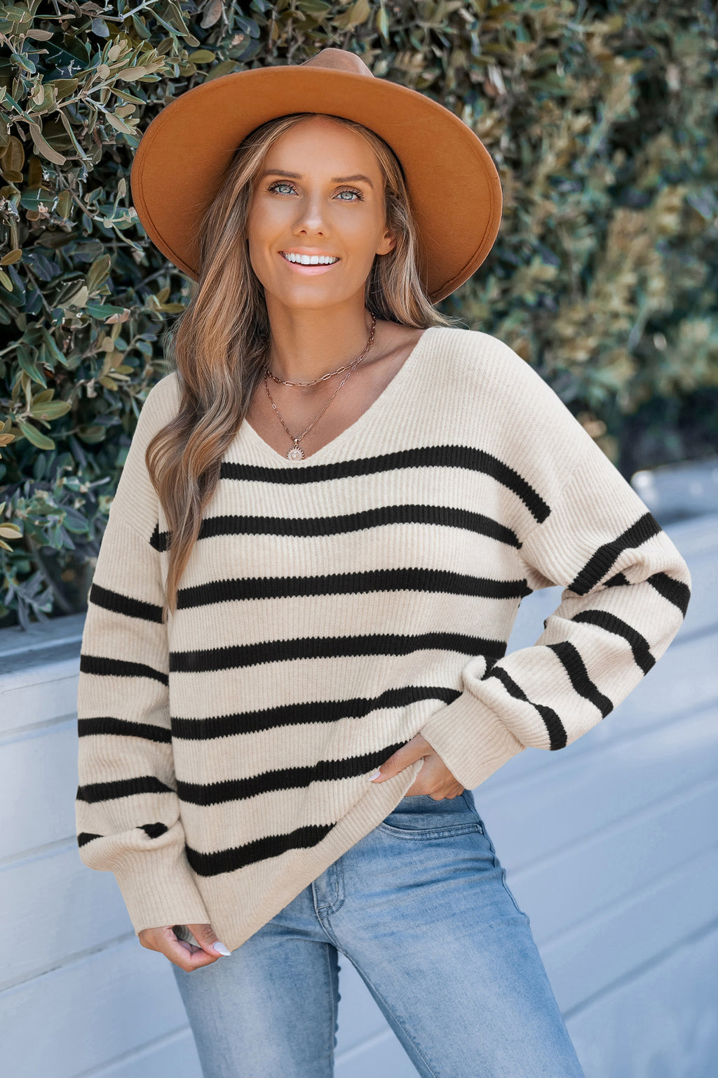 Gestreifter Lange Ärmel Strick-Pullover mit Schleifendetail