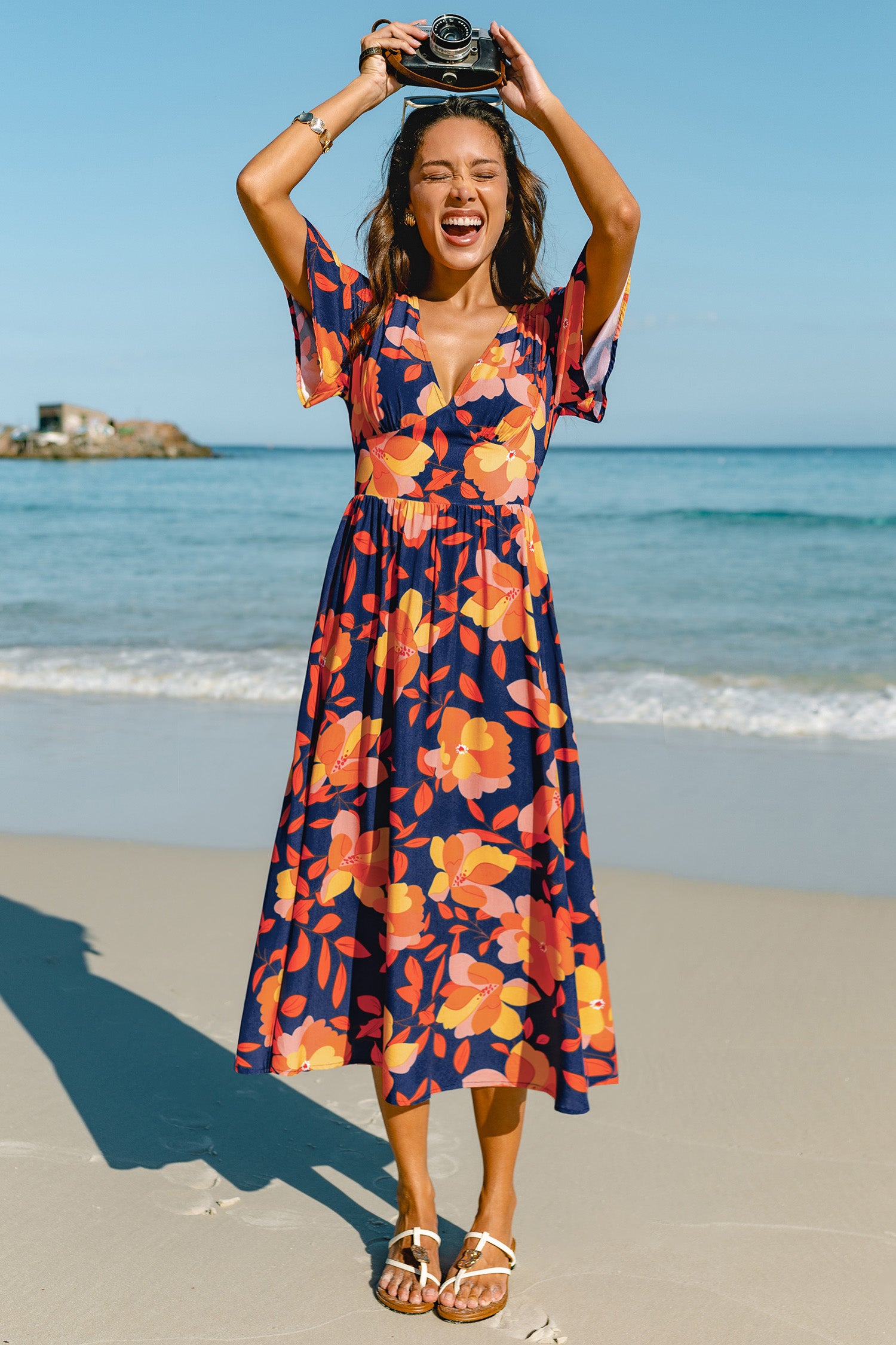 Orange Kurzarm V-Ausschnitt Maxi-Urlaubs-Sommerkleid