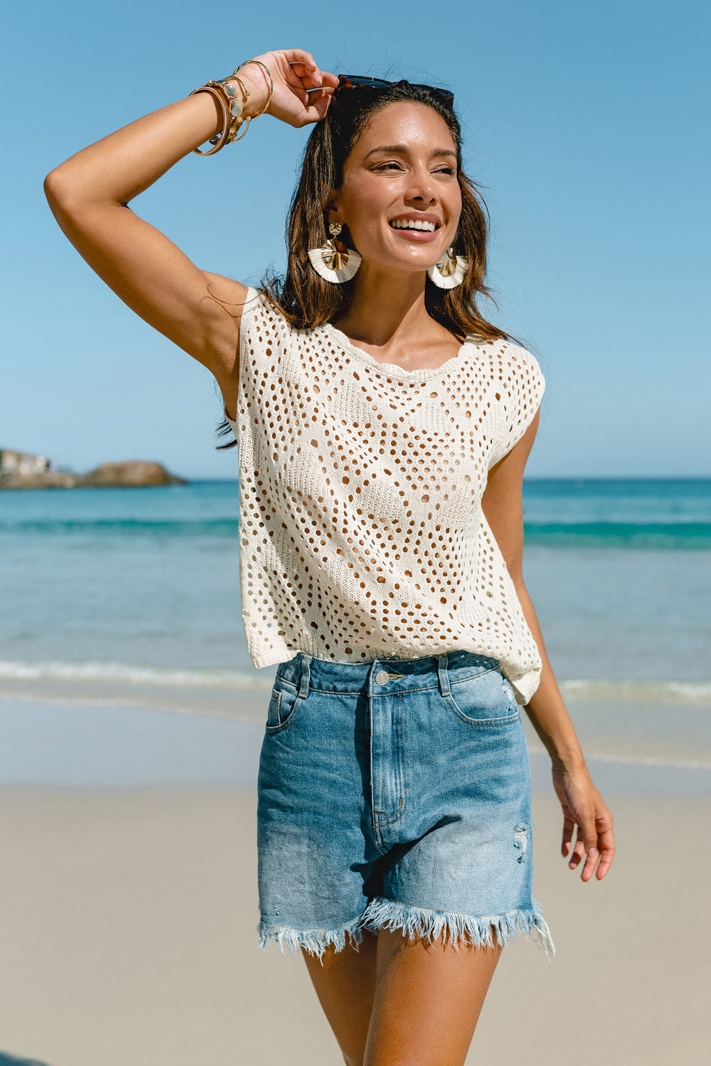 Beiges Kurzarm Strick-Strand-Top