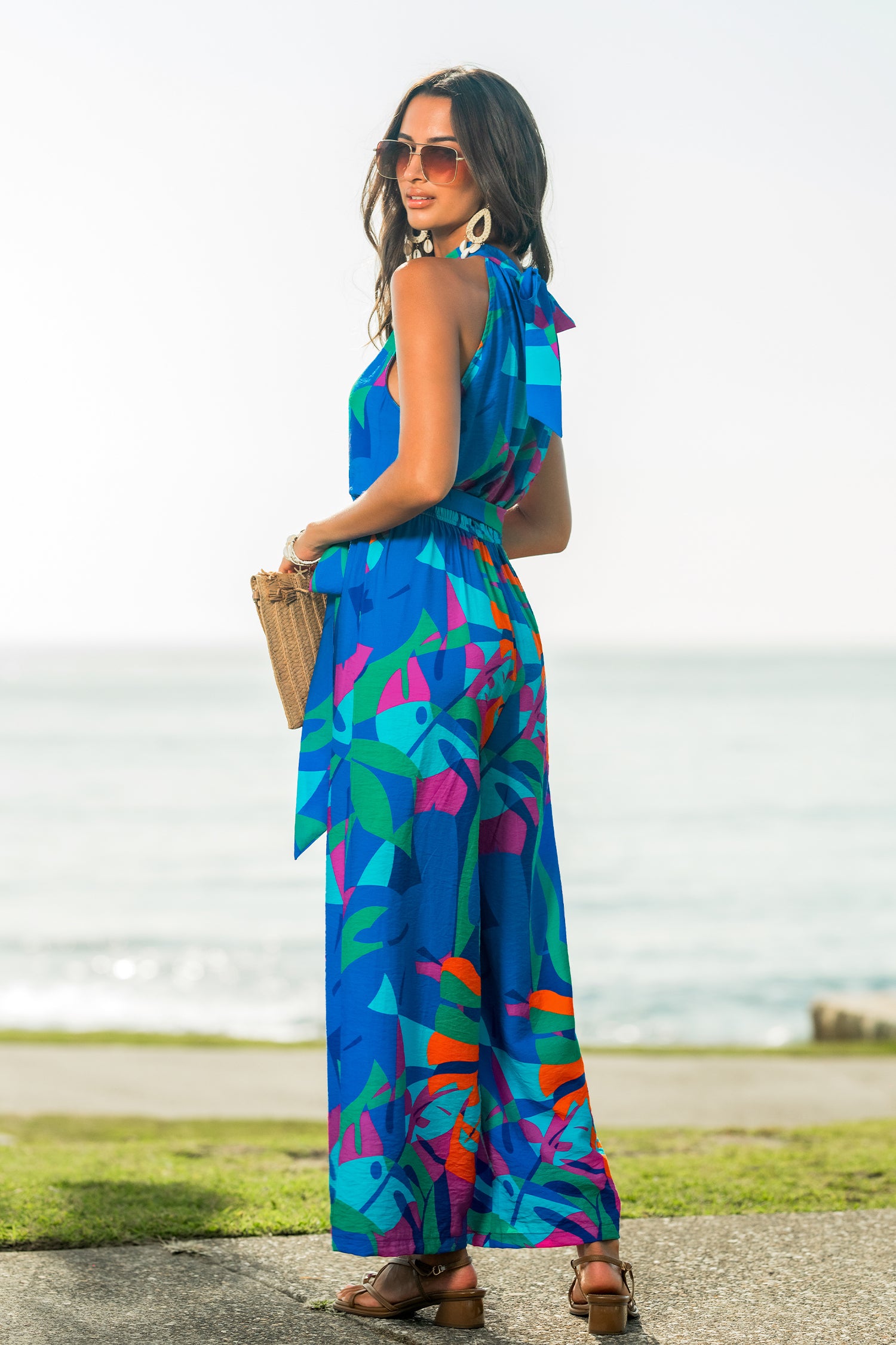 Blauer Tropischer Ärmelloser Jumpsuit mit Taillenband