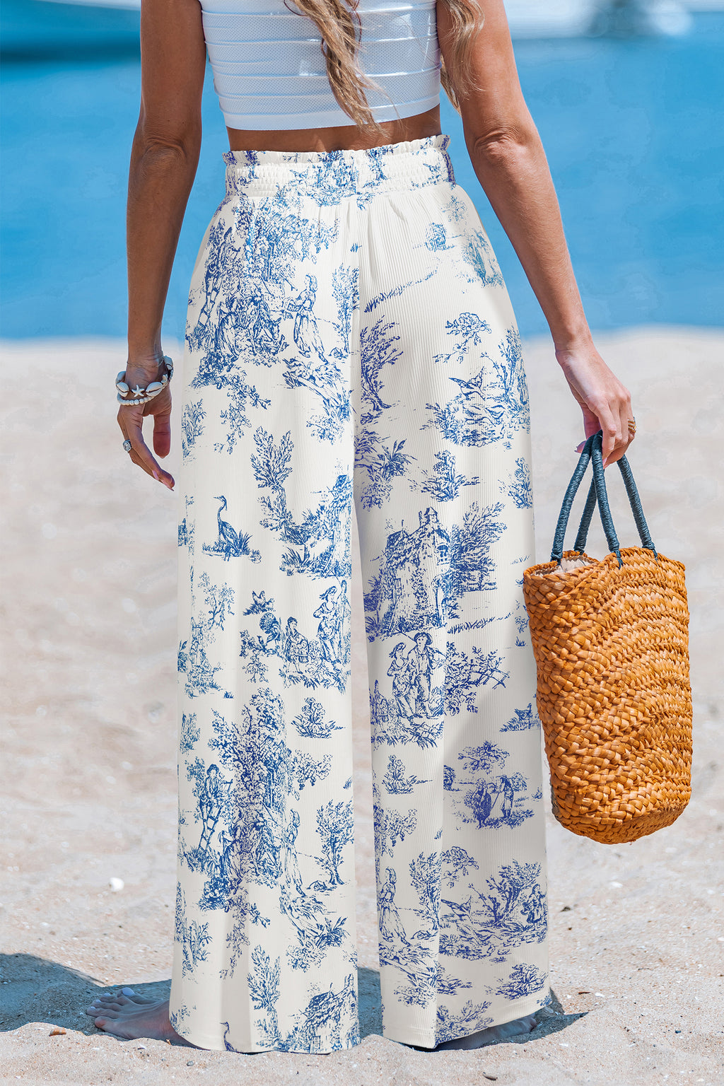 Blau-Weiße Gesmokter Bund Hose mit Blumenmuster
