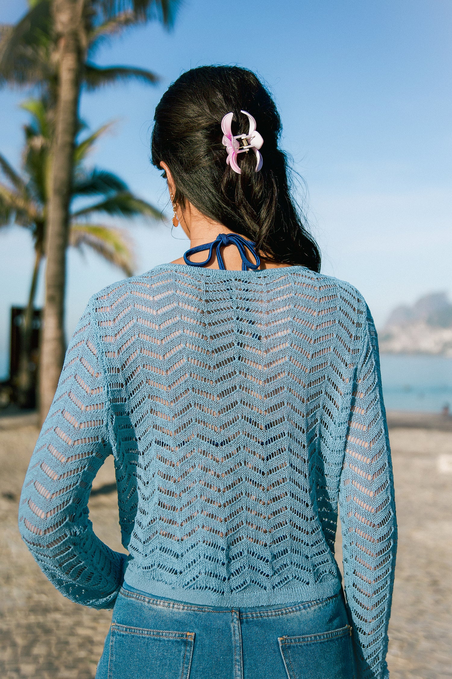 Blaues Langarm Gerafftes Strand-Top