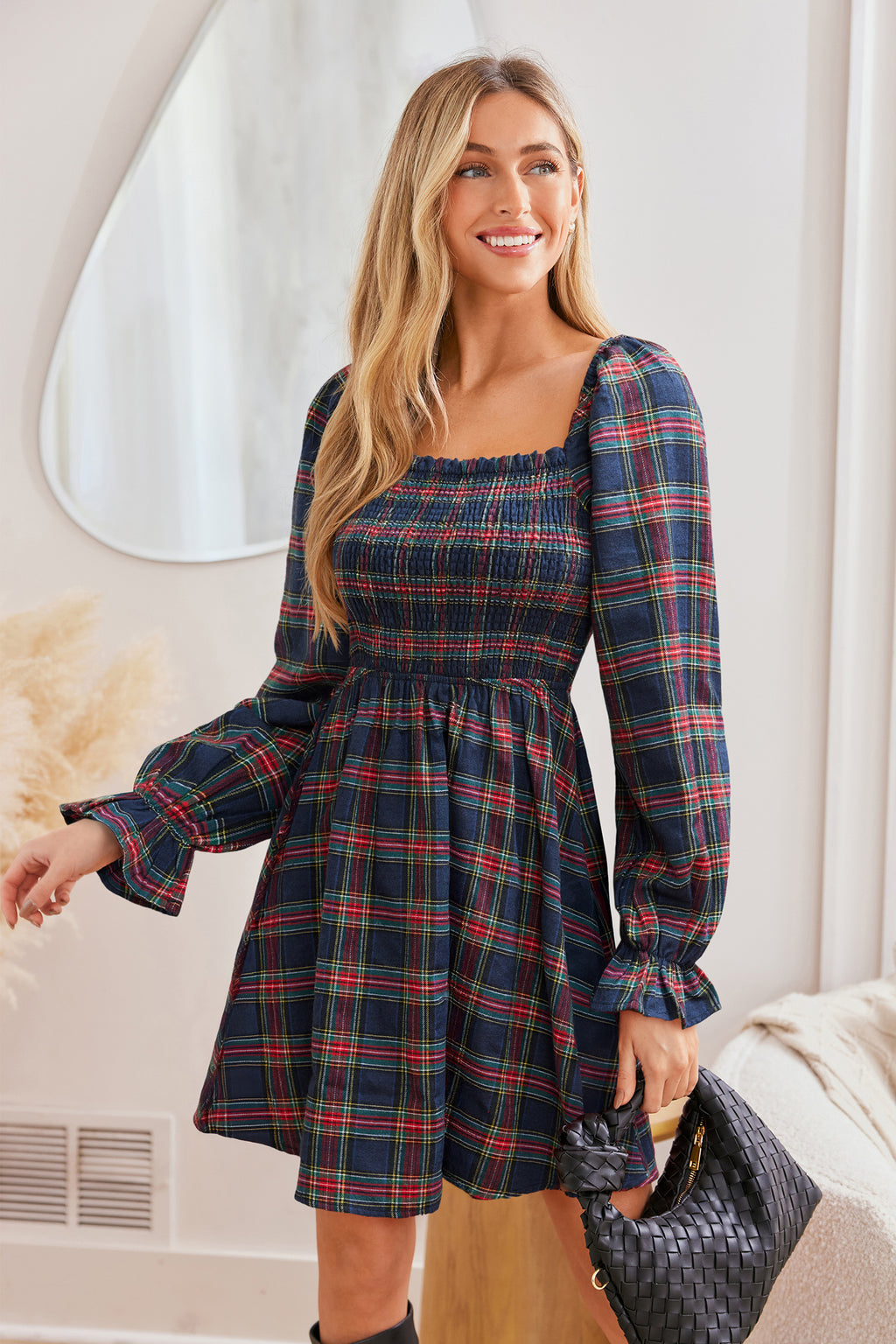 Kariertes Quadratischer Ausschnitt Lange Ärmel Minikleid