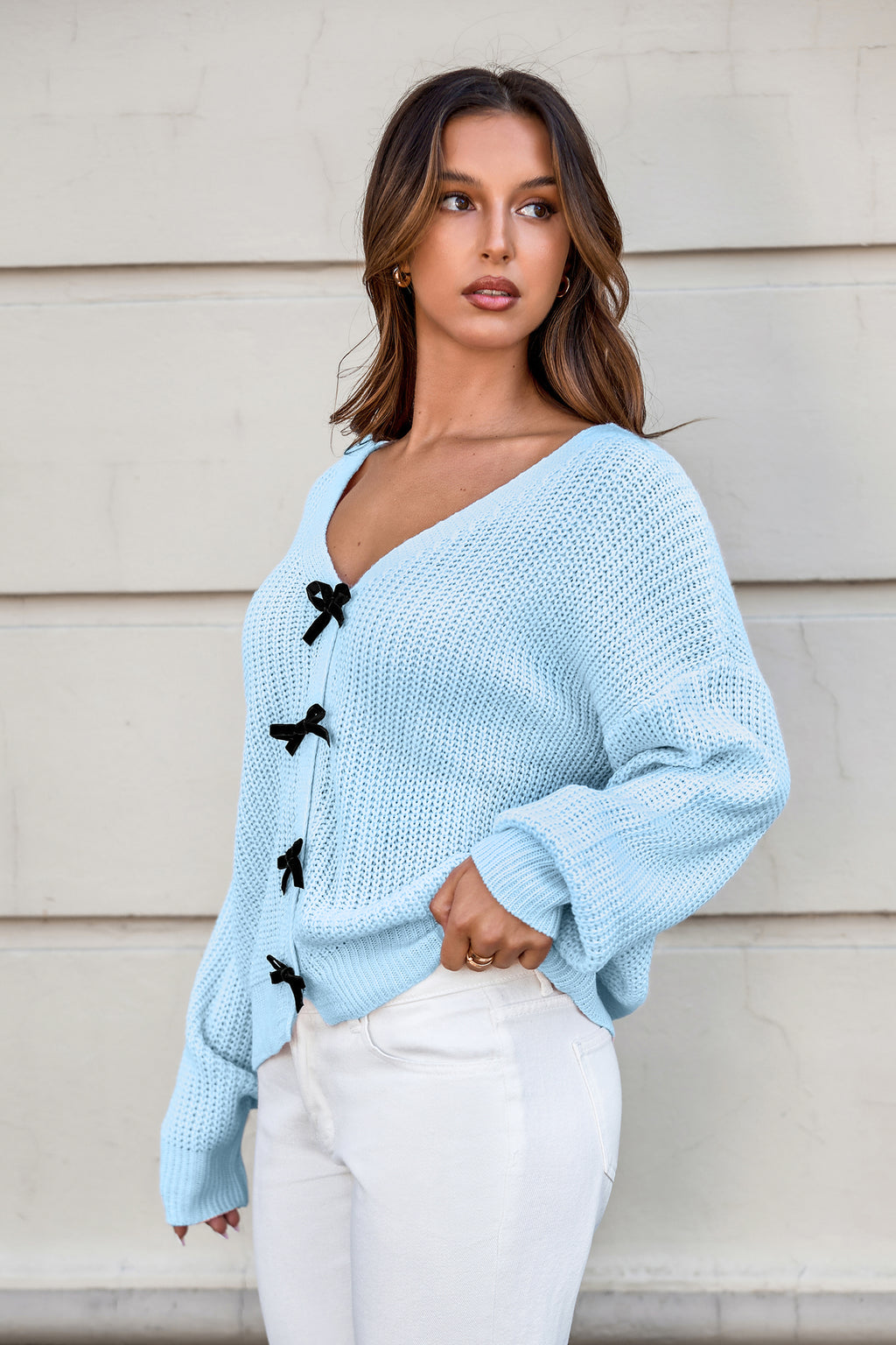 Blauer V-Ausschnitt Pullover mit Schleifen