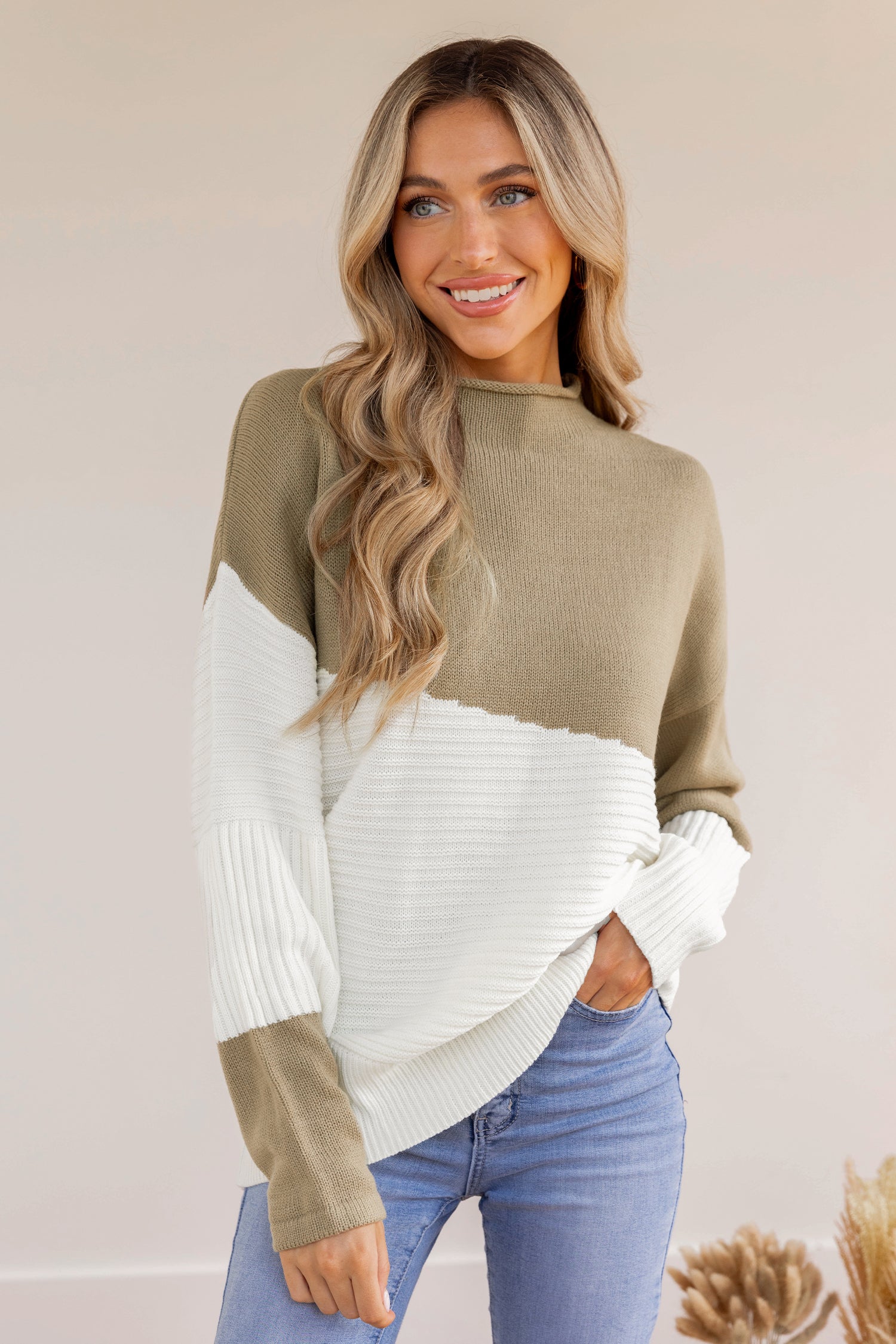 Rib Farbblock Pullover mit Stehkragen