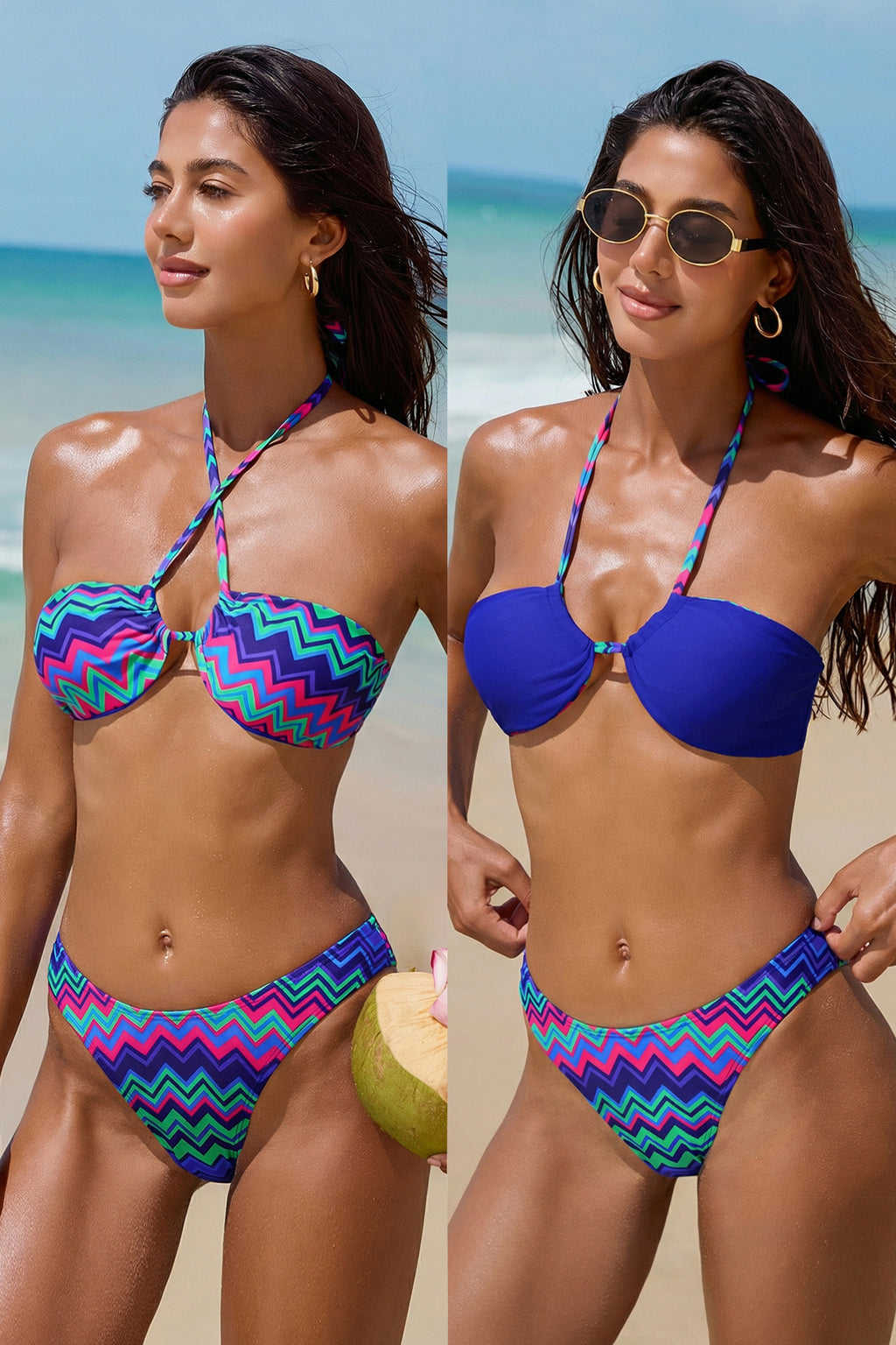 Blaues Low-Waist Neckholder-Bikini-Set mit Chevron-Muster