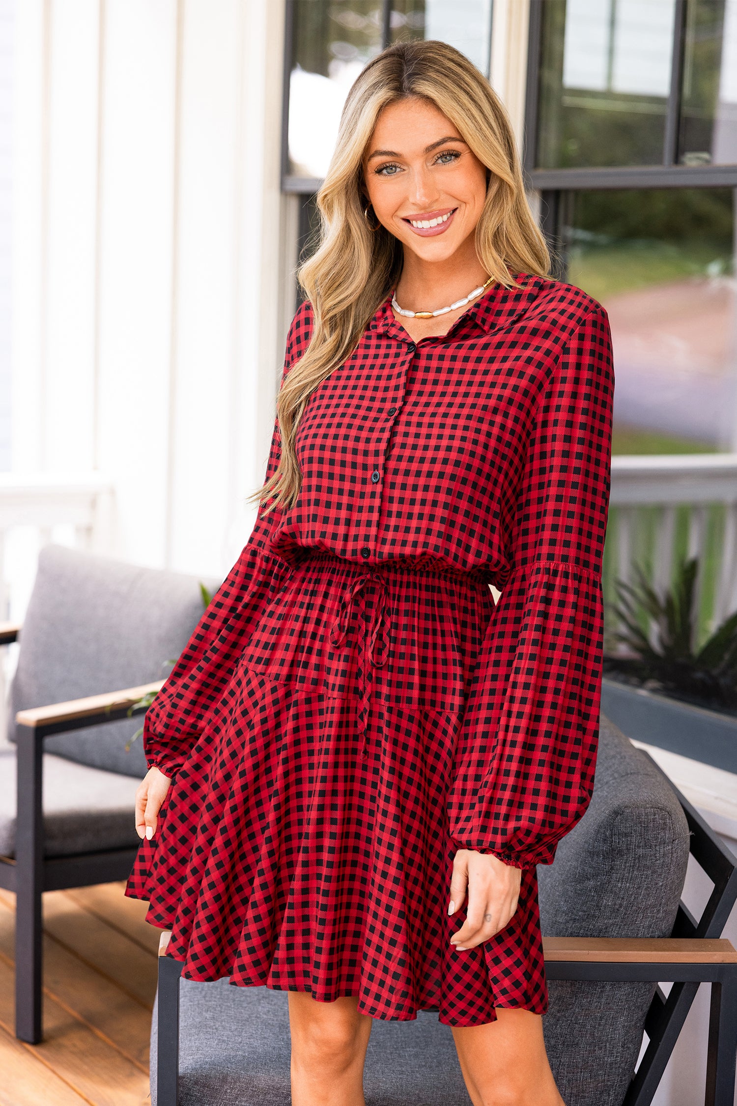 Rotes Kariertes Lange Ärmel Minikleid