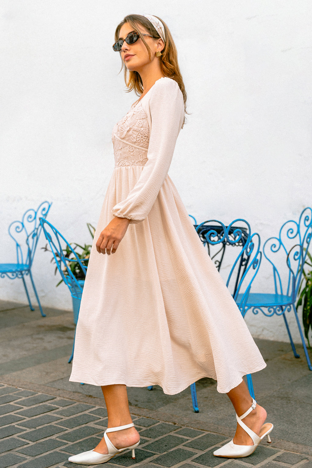 Cremefarbenes V-Ausschnitt Lange Ärmel Maxikleid