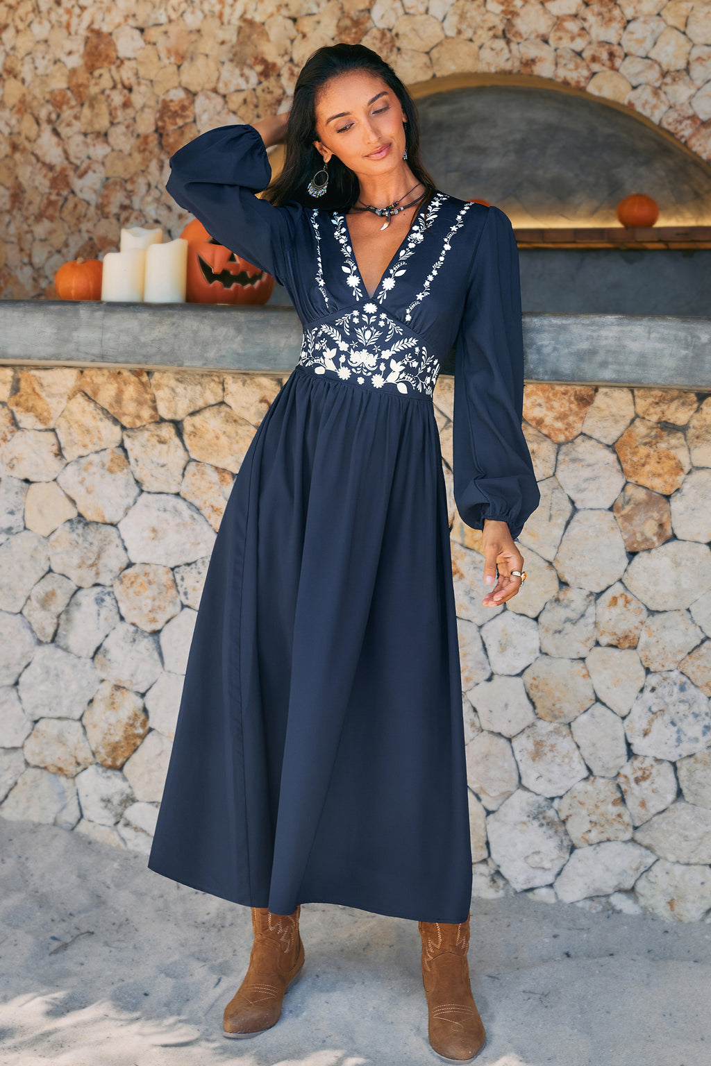 Tiefer Ausschnitt Lange Ärmel Maxikleid mit Blumenmuster