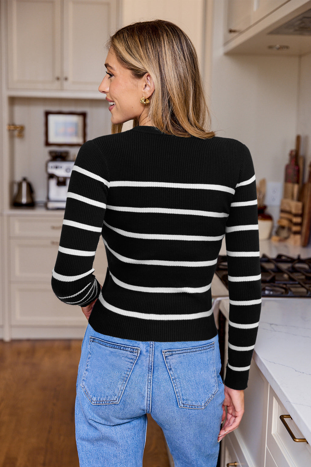 Gestreifter Rundhals Kurzer Langarmpullover